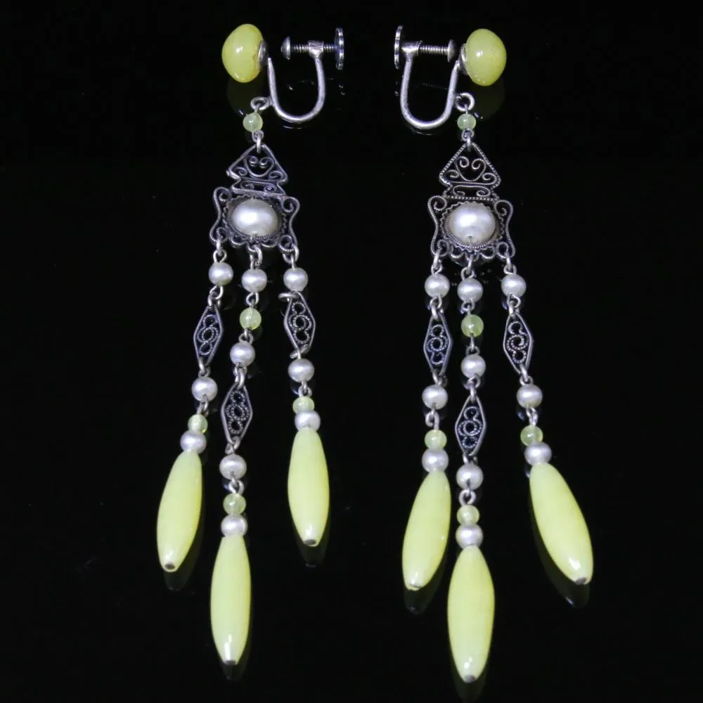 Antique Victorian Yellow Amber & Pearl Long Earrings - Silver Circa 1900