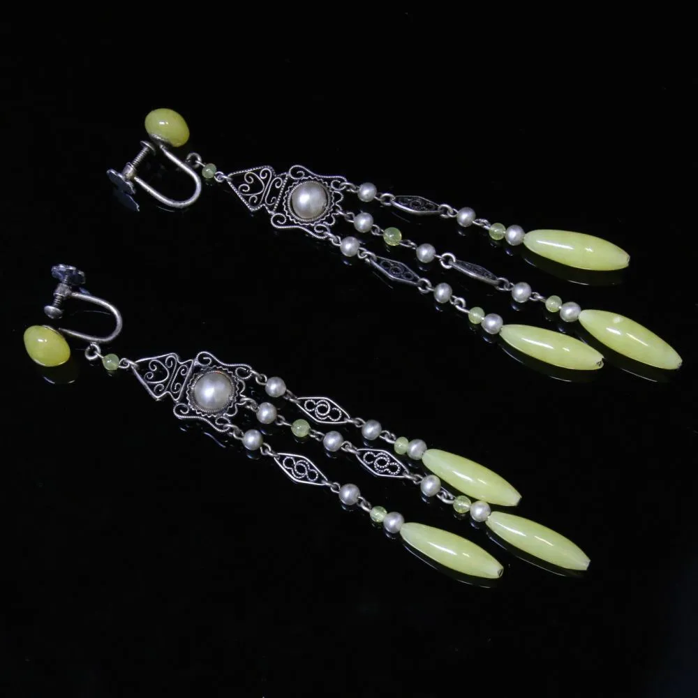 Antique Victorian Yellow Amber & Pearl Long Earrings - Silver Circa 1900