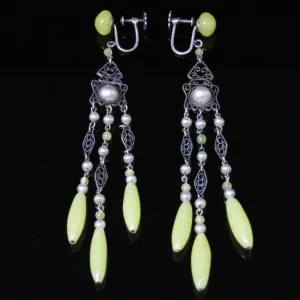 Antique Victorian Yellow Amber & Pearl Long Earrings - Silver Circa 1900