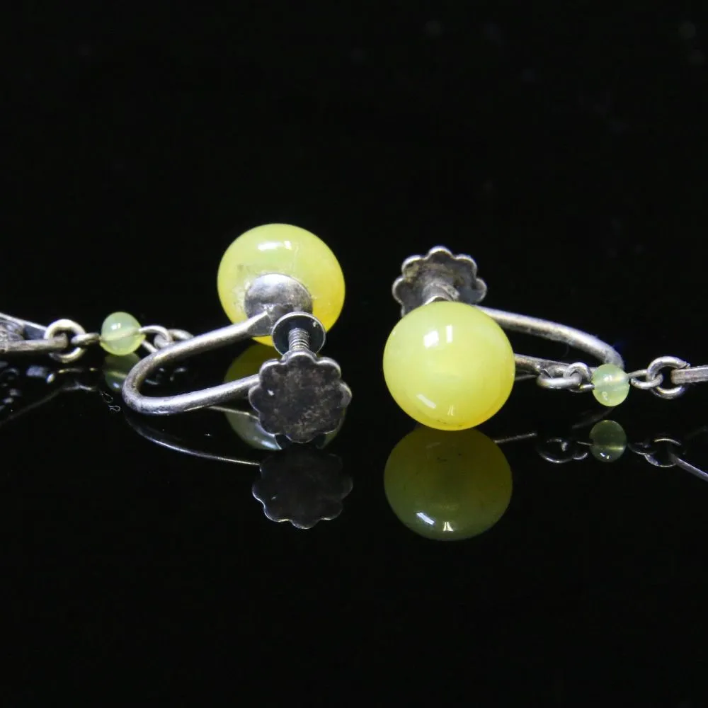 Antique Victorian Yellow Amber & Pearl Long Earrings - Silver Circa 1900