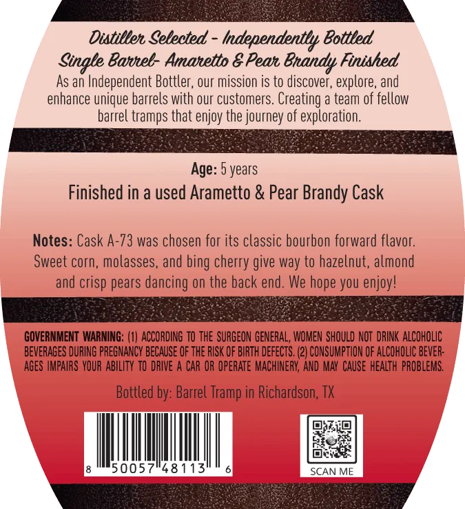 Barrel Tramp Straight Bourbon Whiskey Finished in Amaretto & Pear Brandy Casks Single Barrel Cask Strength