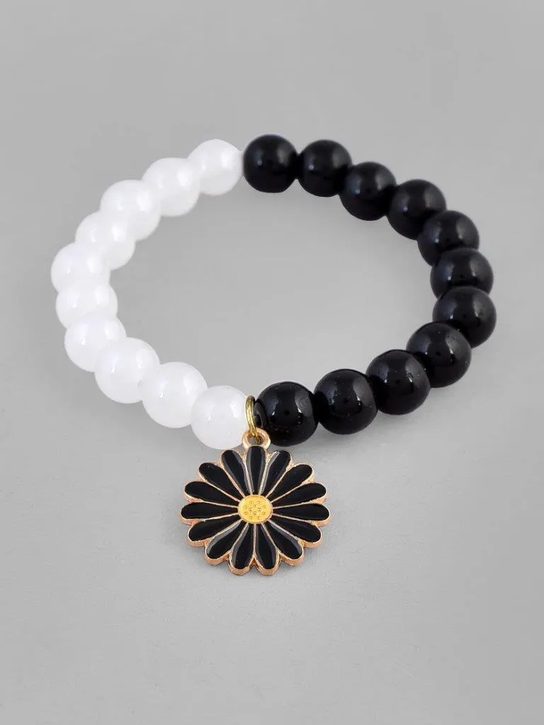 Black White Beads Black Flower Elastic Bracelet - Voj