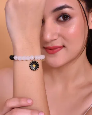 Black White Beads Black Flower Elastic Bracelet - Voj