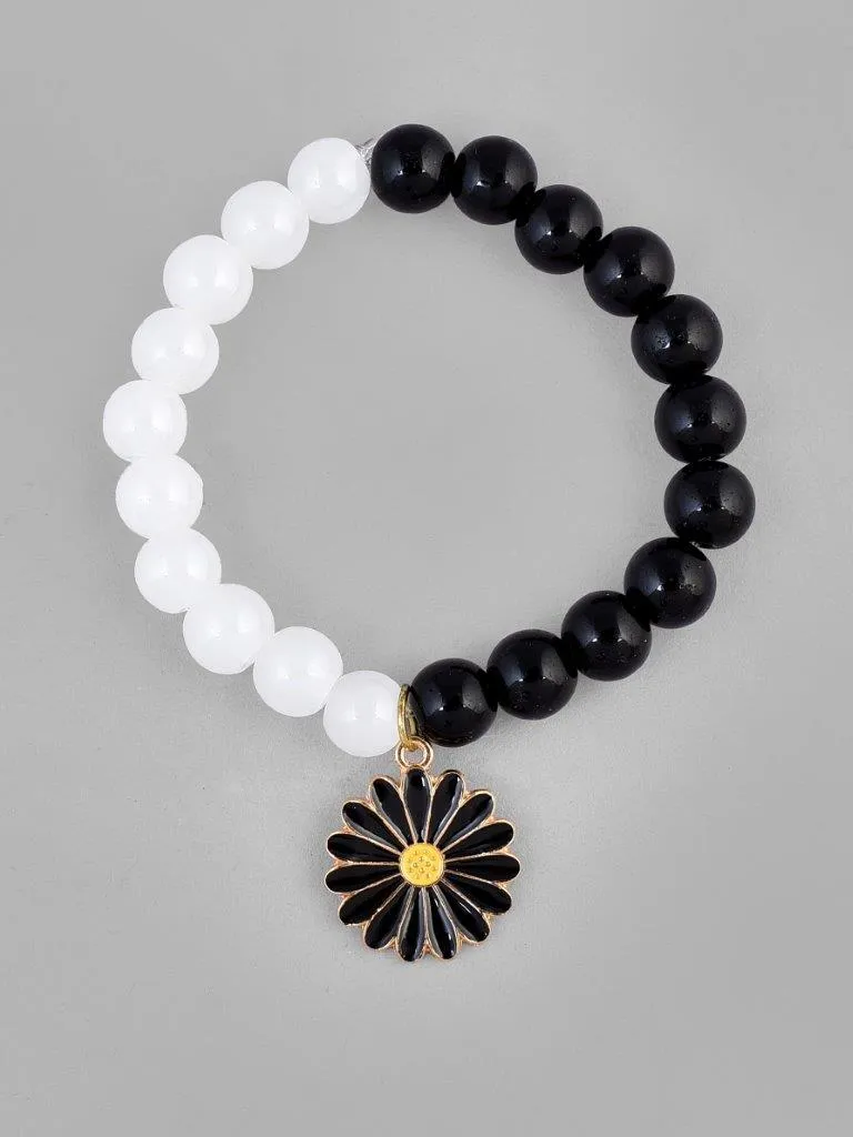 Black White Beads Black Flower Elastic Bracelet - Voj