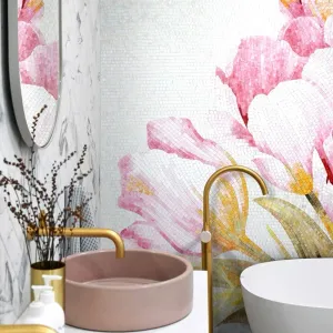 Custom Glass Mosaic Floral Mural Bold Pink Flower
