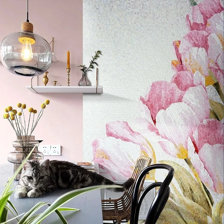 Custom Glass Mosaic Floral Mural Bold Pink Flower
