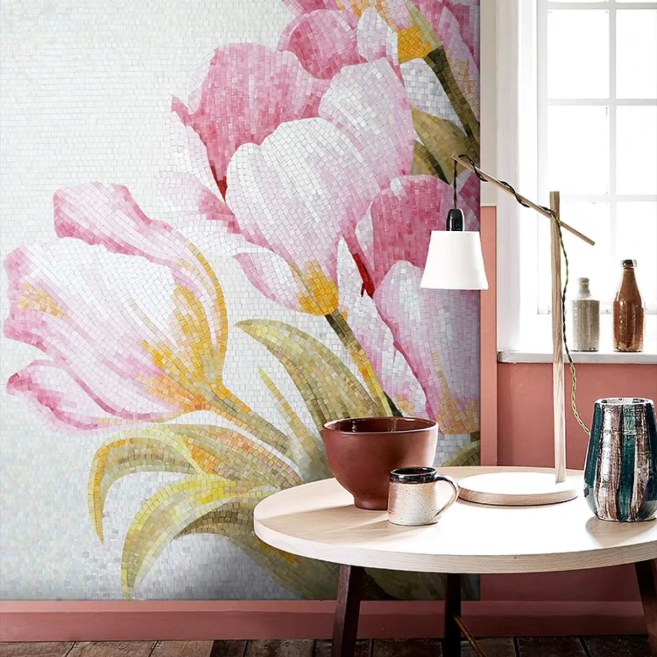 Custom Glass Mosaic Floral Mural Bold Pink Flower