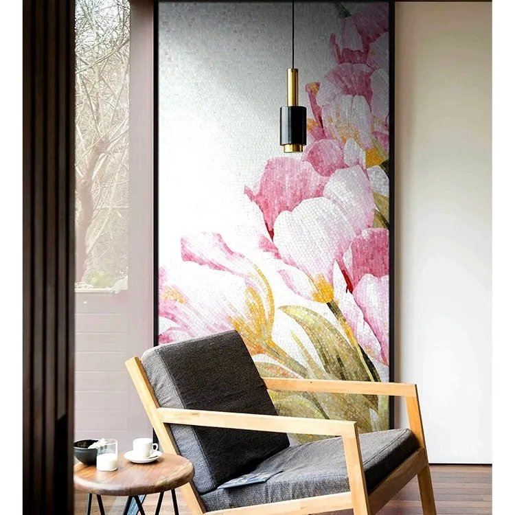 Custom Glass Mosaic Floral Mural Bold Pink Flower