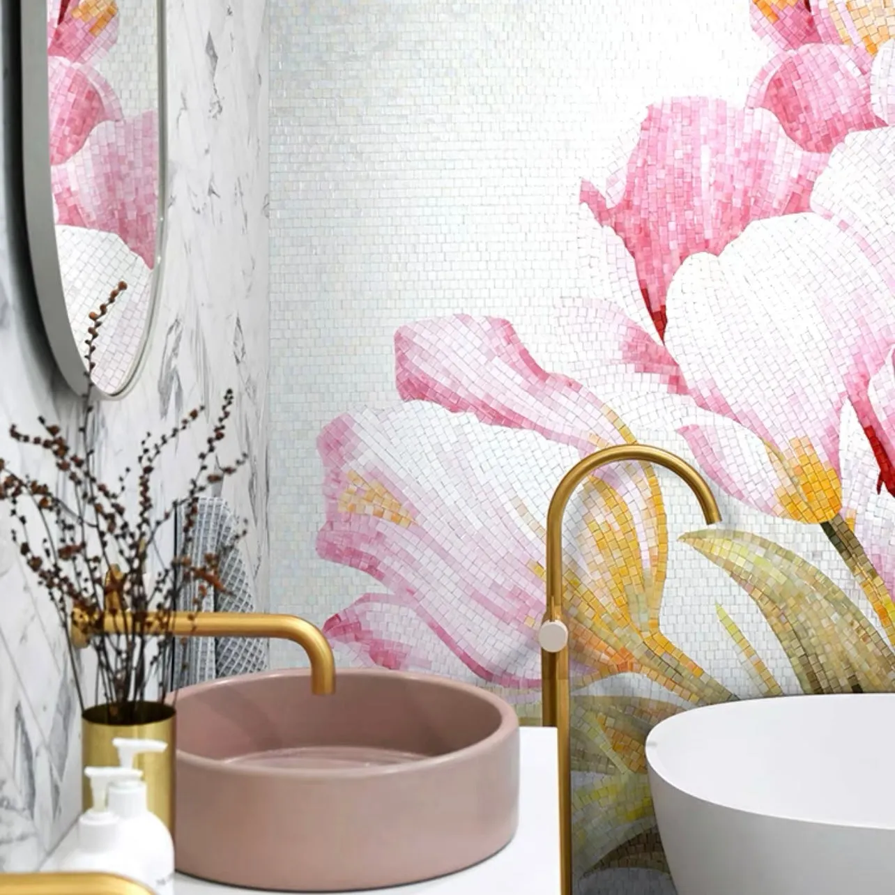 Custom Glass Mosaic Floral Mural Bold Pink Flower