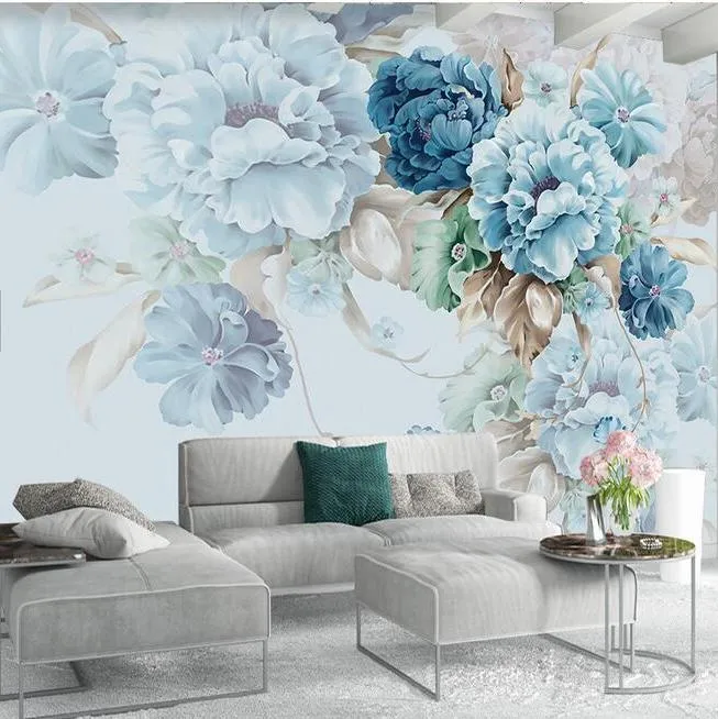 Custom Size Blue Peony Flowers Bold Wallpaper Mural (㎡)
