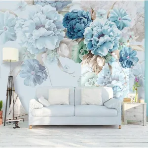 Custom Size Blue Peony Flowers Bold Wallpaper Mural (㎡)