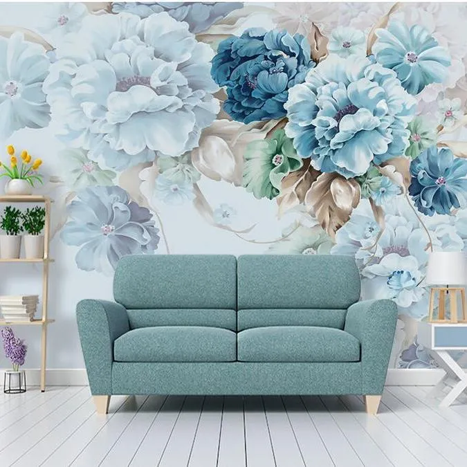 Custom Size Blue Peony Flowers Bold Wallpaper Mural (㎡)