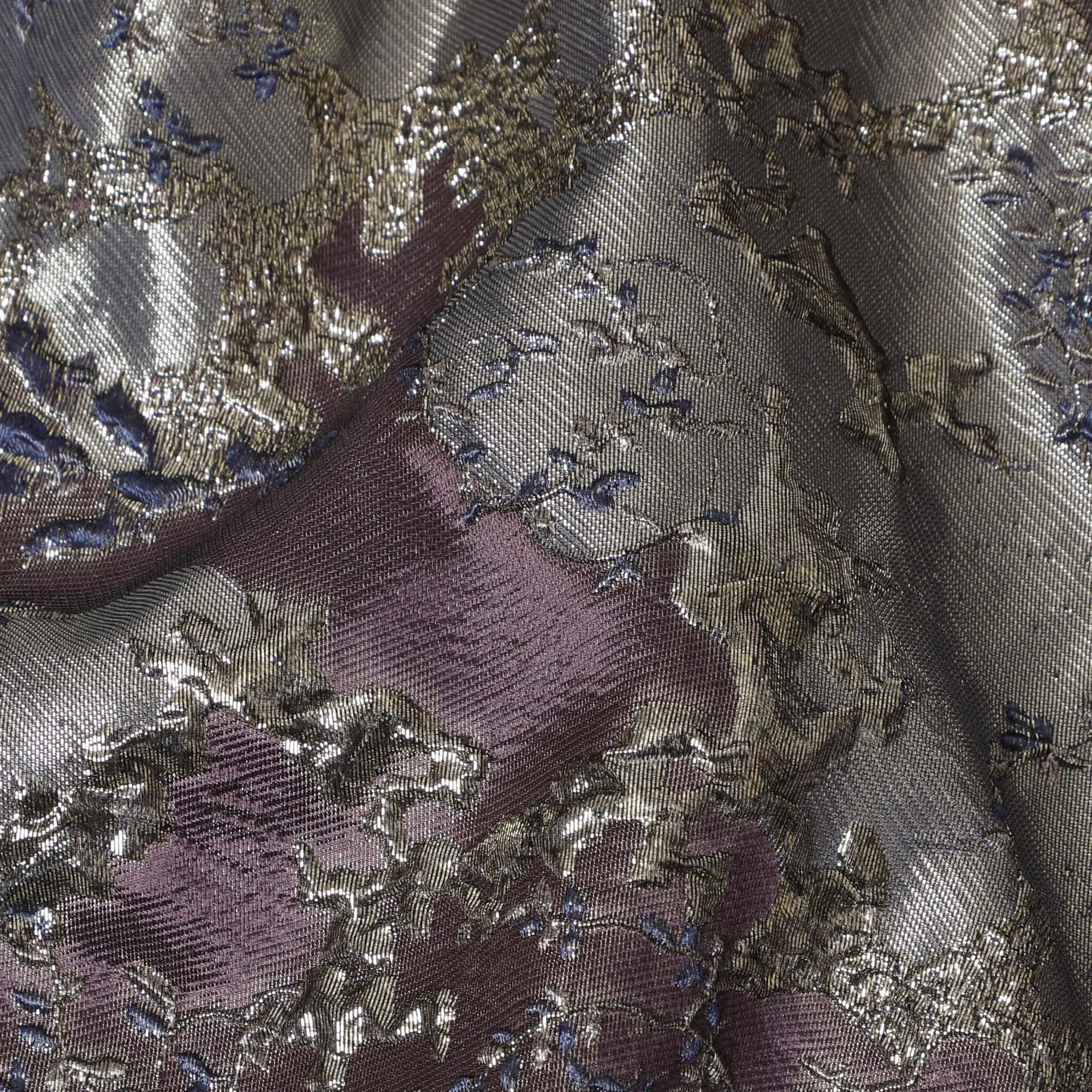 Elegant Plum and Silver Synthetic Brocade Fabric with Floral Design - 140 cm Width-D19793