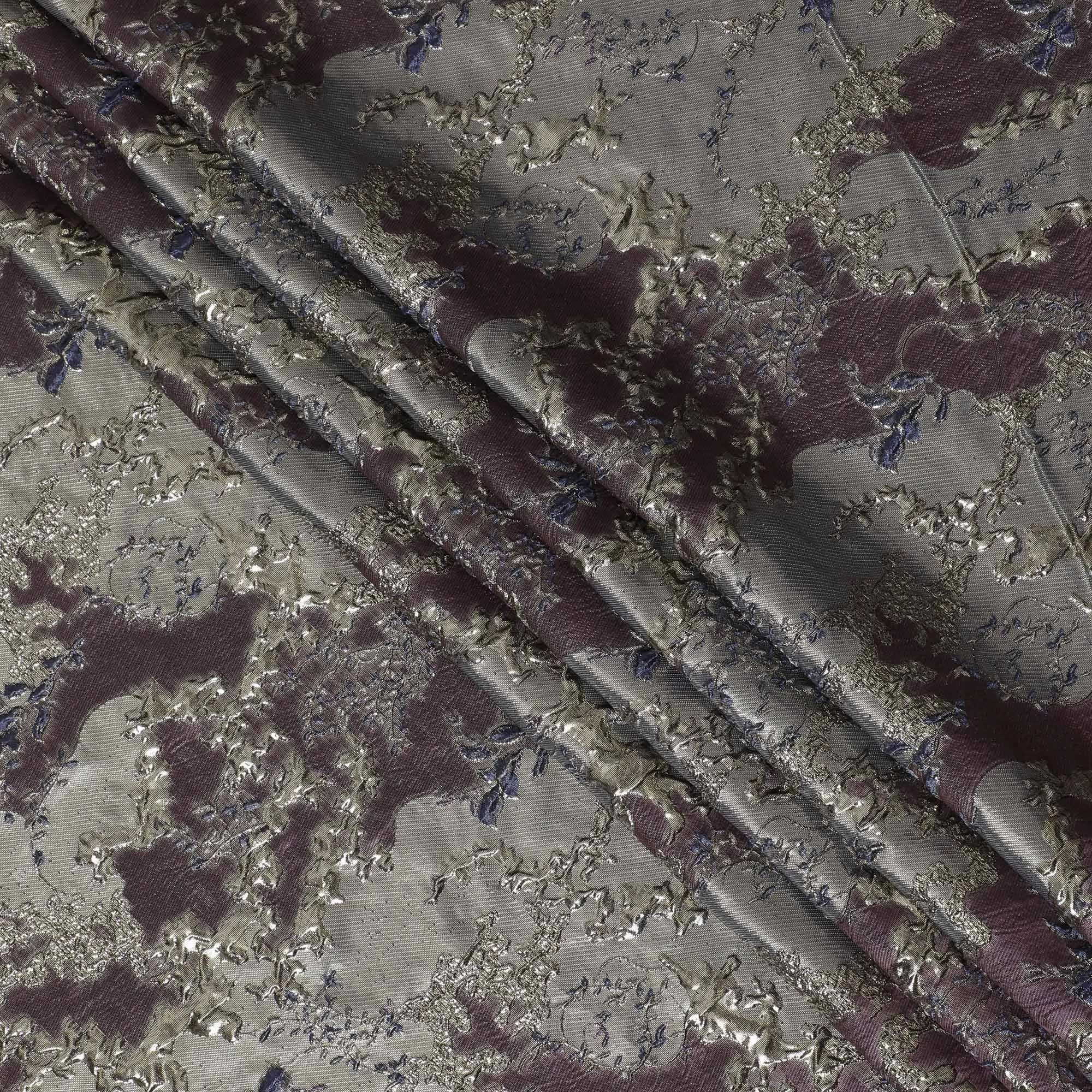 Elegant Plum and Silver Synthetic Brocade Fabric with Floral Design - 140 cm Width-D19793
