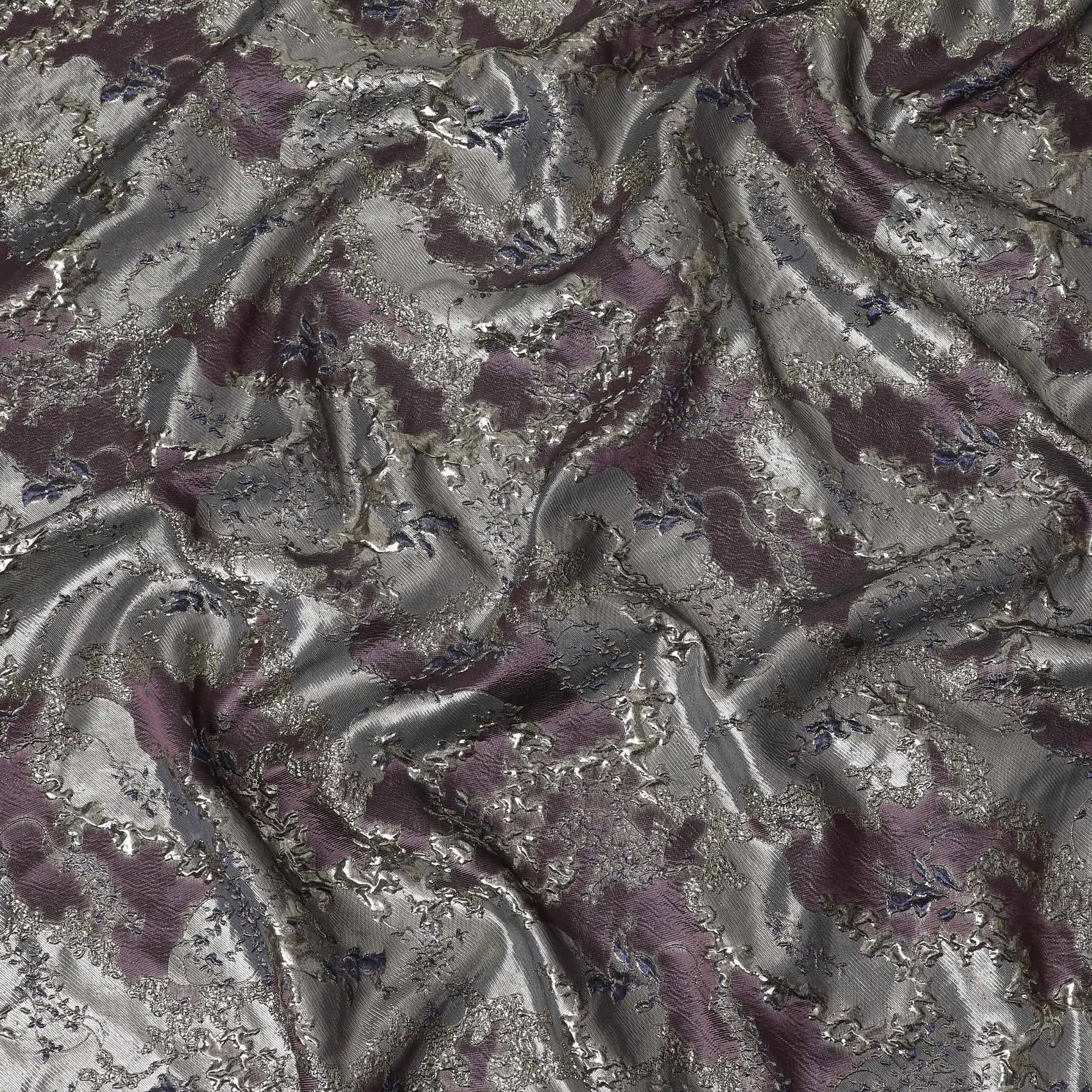 Elegant Plum and Silver Synthetic Brocade Fabric with Floral Design - 140 cm Width-D19793