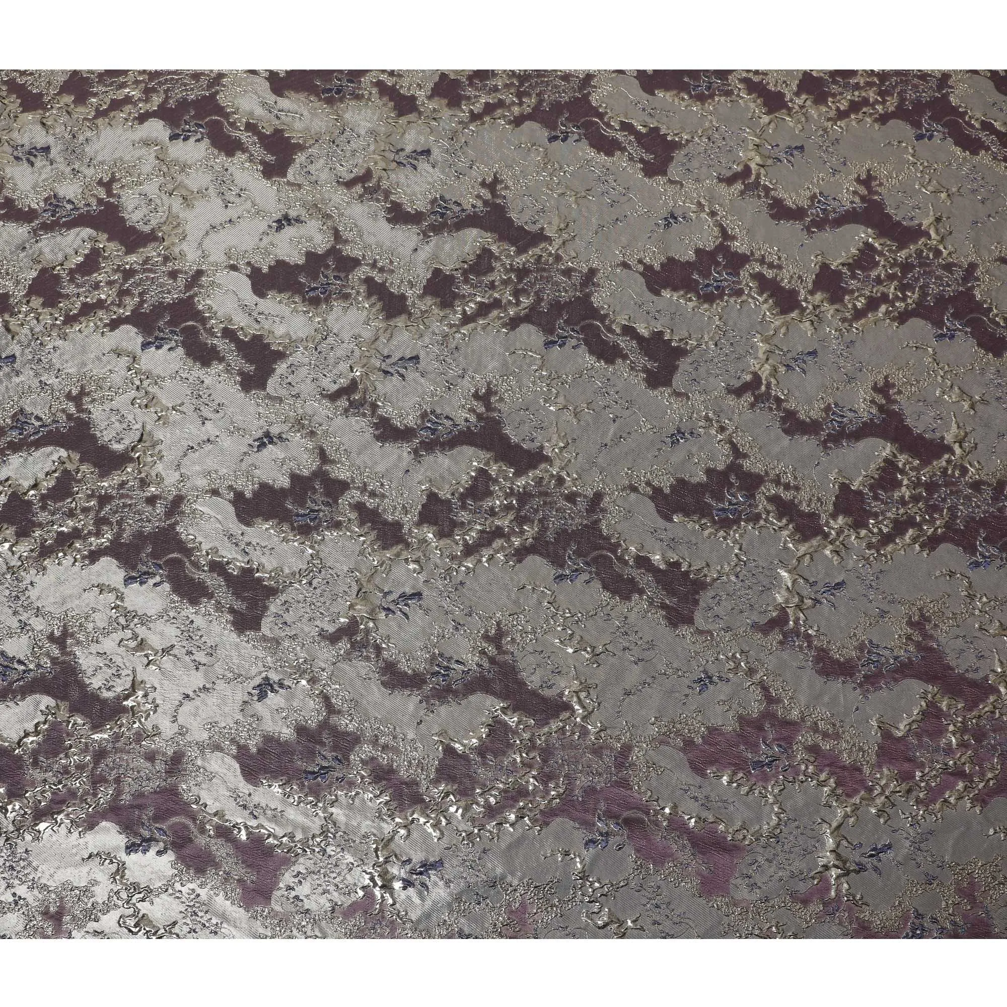 Elegant Plum and Silver Synthetic Brocade Fabric with Floral Design - 140 cm Width-D19793
