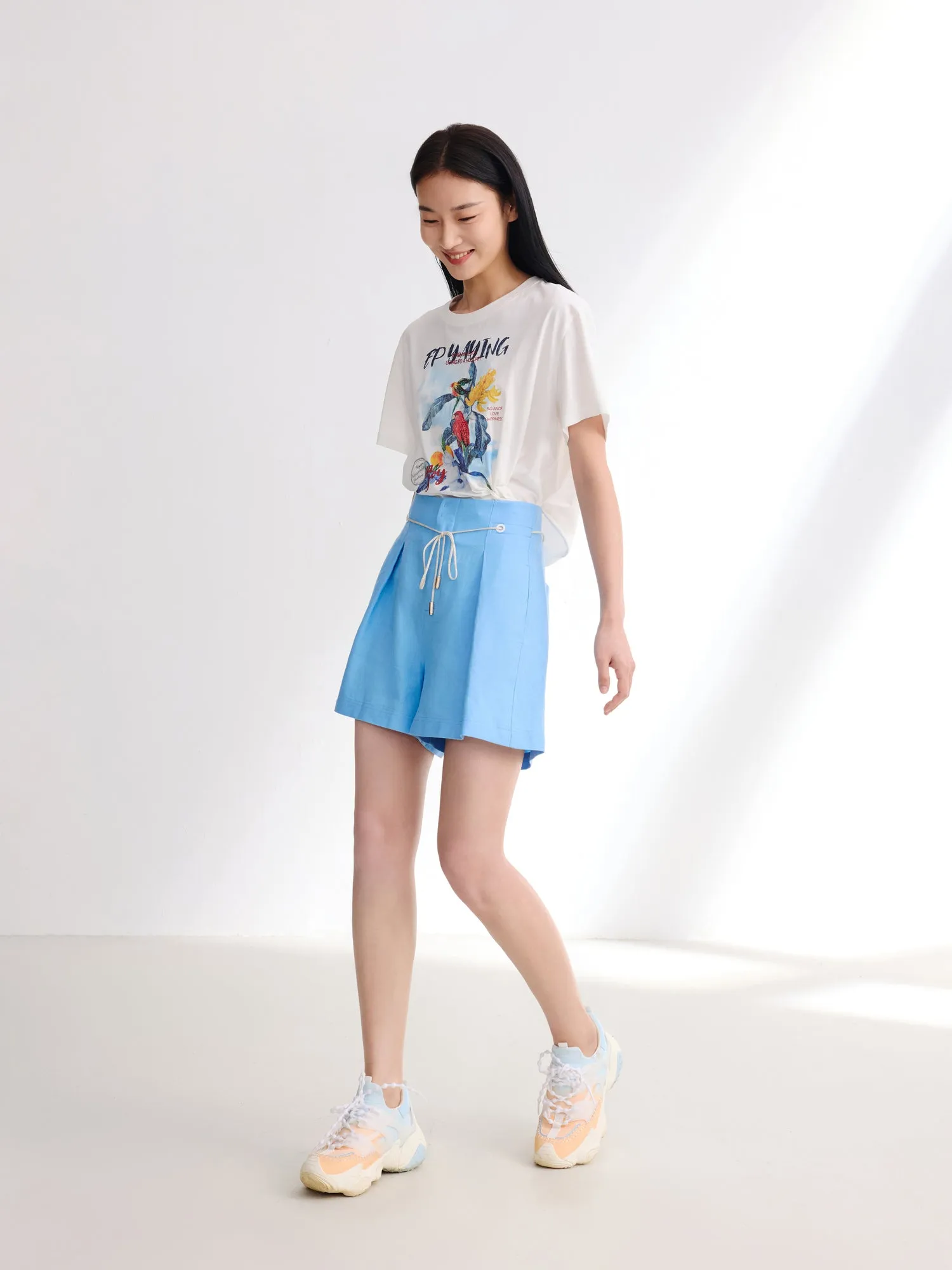 EP YAYING Pure Linen High-Waisted Shorts