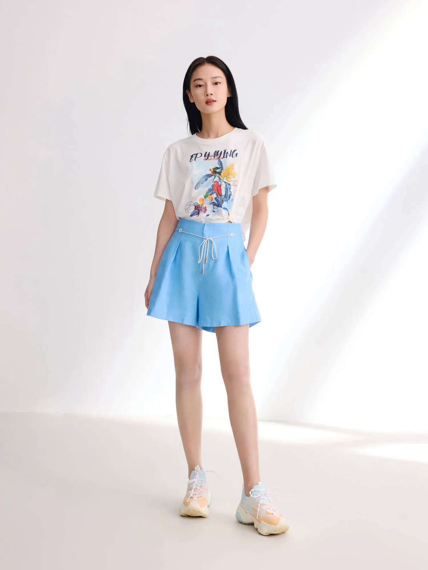 EP YAYING Pure Linen High-Waisted Shorts