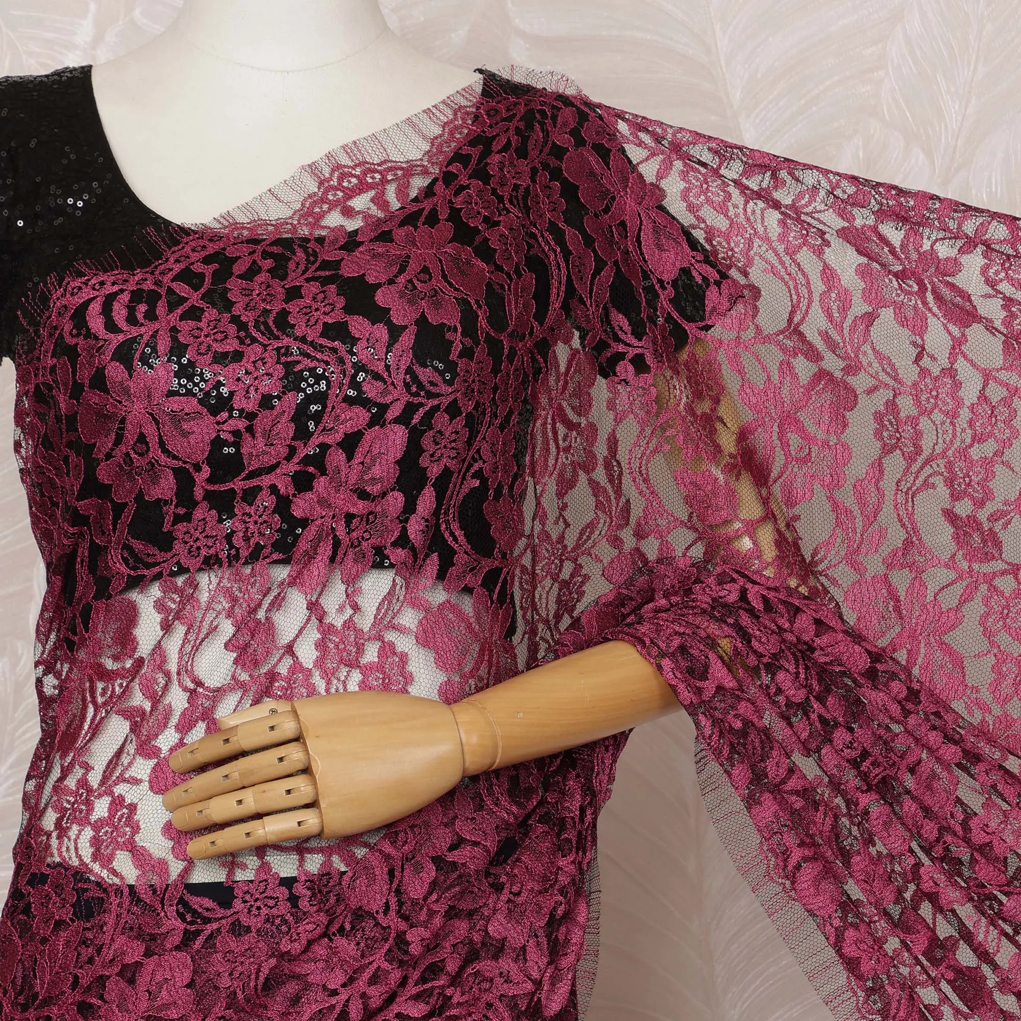 Fuchsia, black 2-Tone Premium French Chantilly Saree Lace - 5.5 Meters, Floral Design, 110 cm Width-D20741