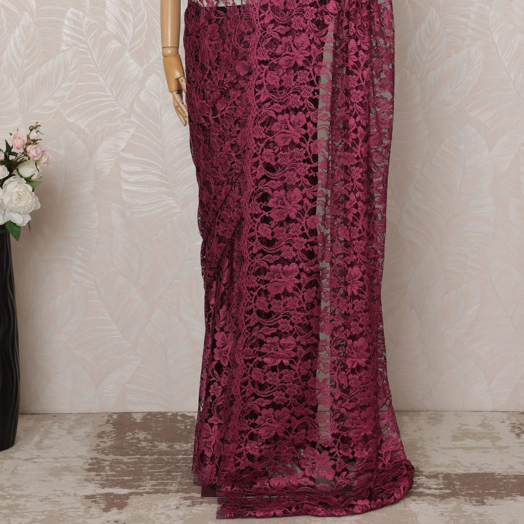 Fuchsia, black 2-Tone Premium French Chantilly Saree Lace - 5.5 Meters, Floral Design, 110 cm Width-D20741