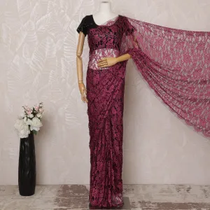 Fuchsia, black 2-Tone Premium French Chantilly Saree Lace - 5.5 Meters, Floral Design, 110 cm Width-D20741