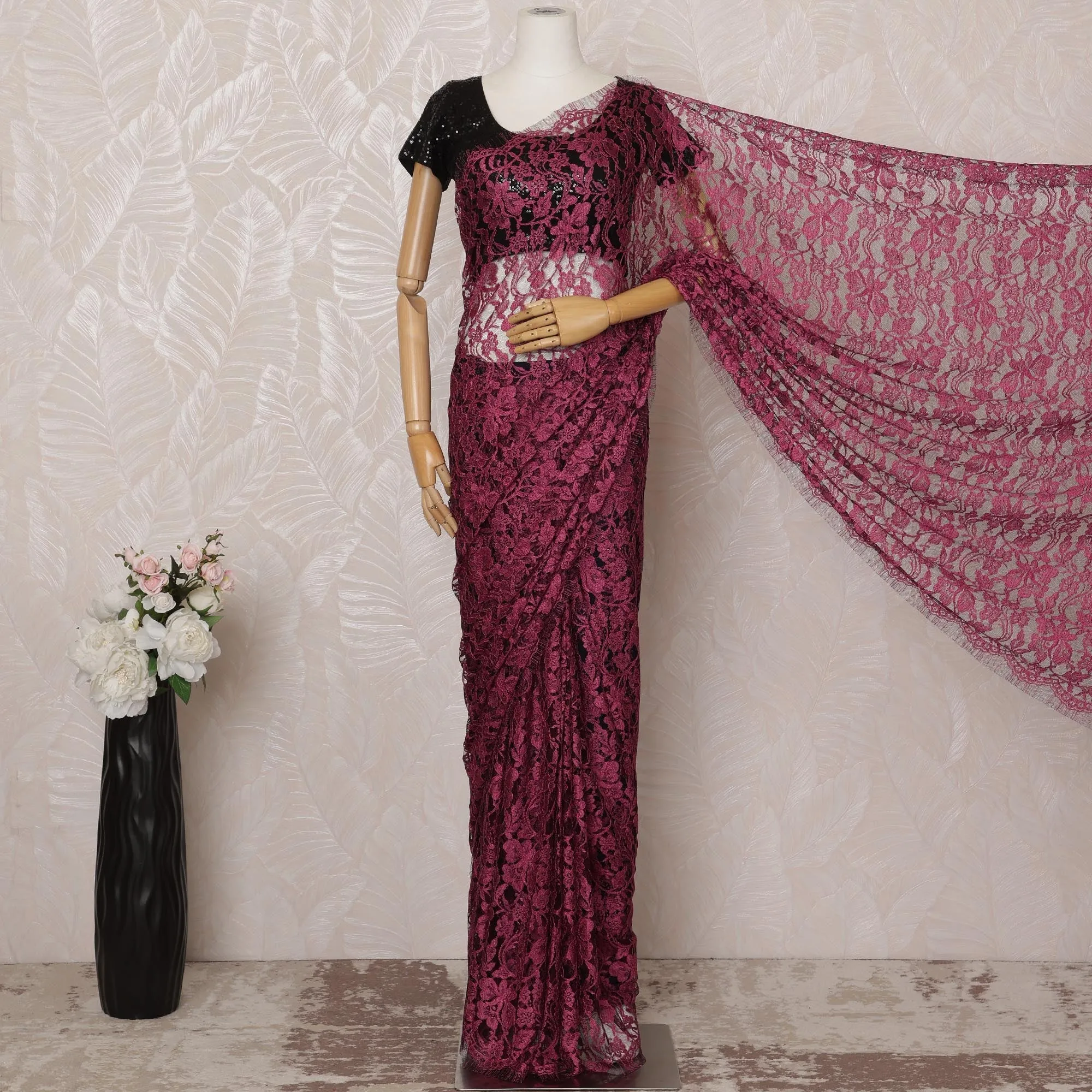 Fuchsia, black 2-Tone Premium French Chantilly Saree Lace - 5.5 Meters, Floral Design, 110 cm Width-D20741