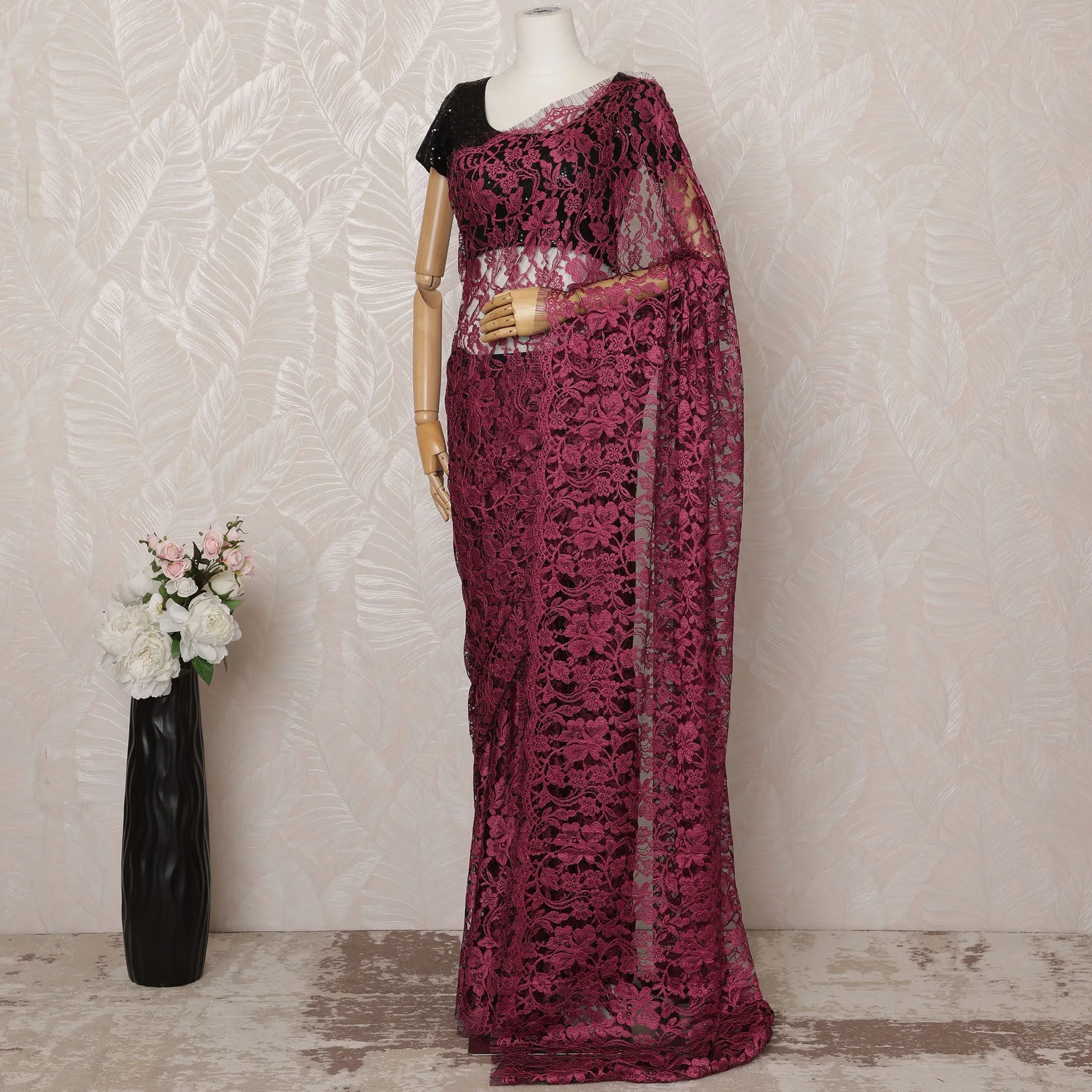 Fuchsia, black 2-Tone Premium French Chantilly Saree Lace - 5.5 Meters, Floral Design, 110 cm Width-D20741