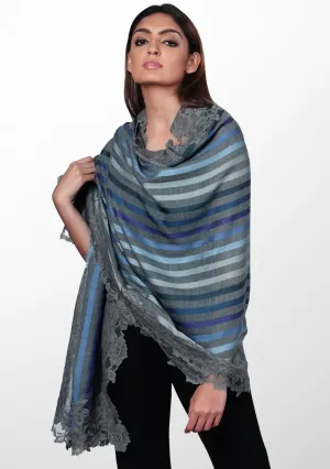Grey Wool and Silk Multi-Blue Striped Scarf with Grey Floral Lace Border