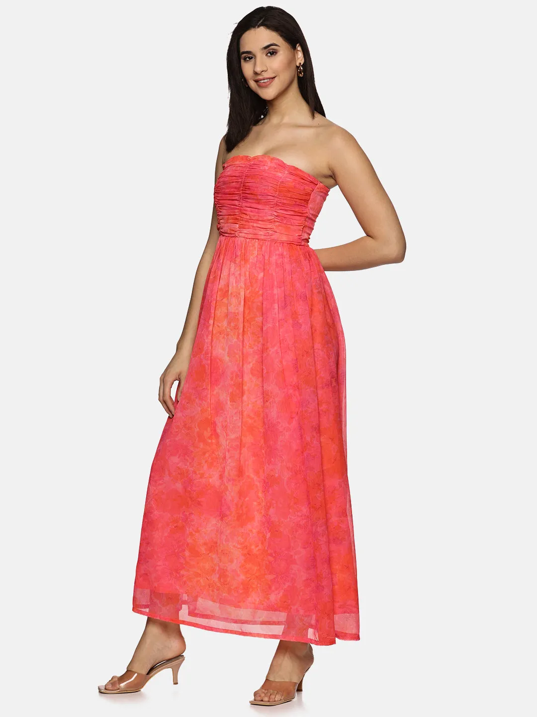 IS.U Floral Pink Front Gathered Maxi Dress