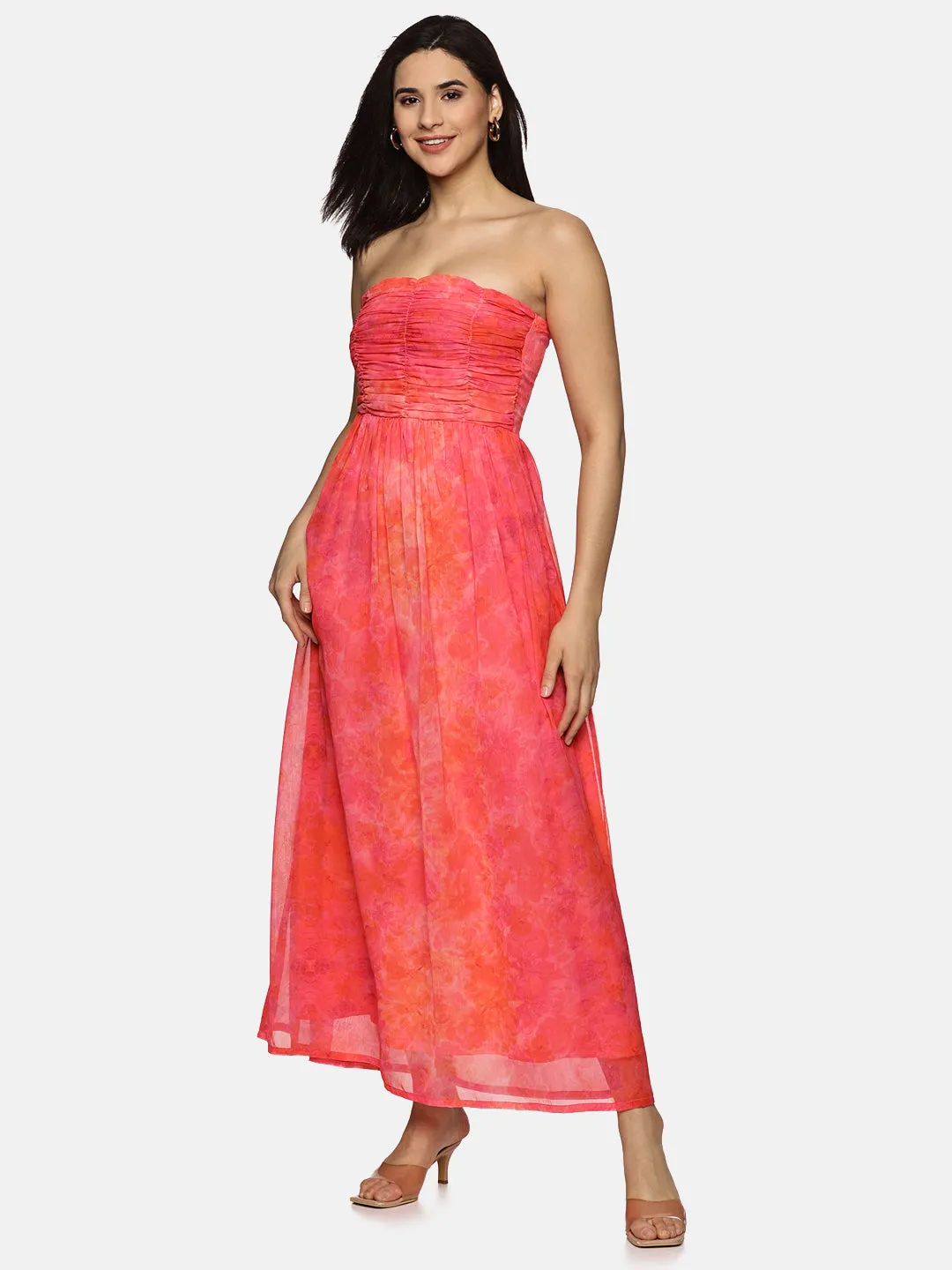 IS.U Floral Pink Front Gathered Maxi Dress