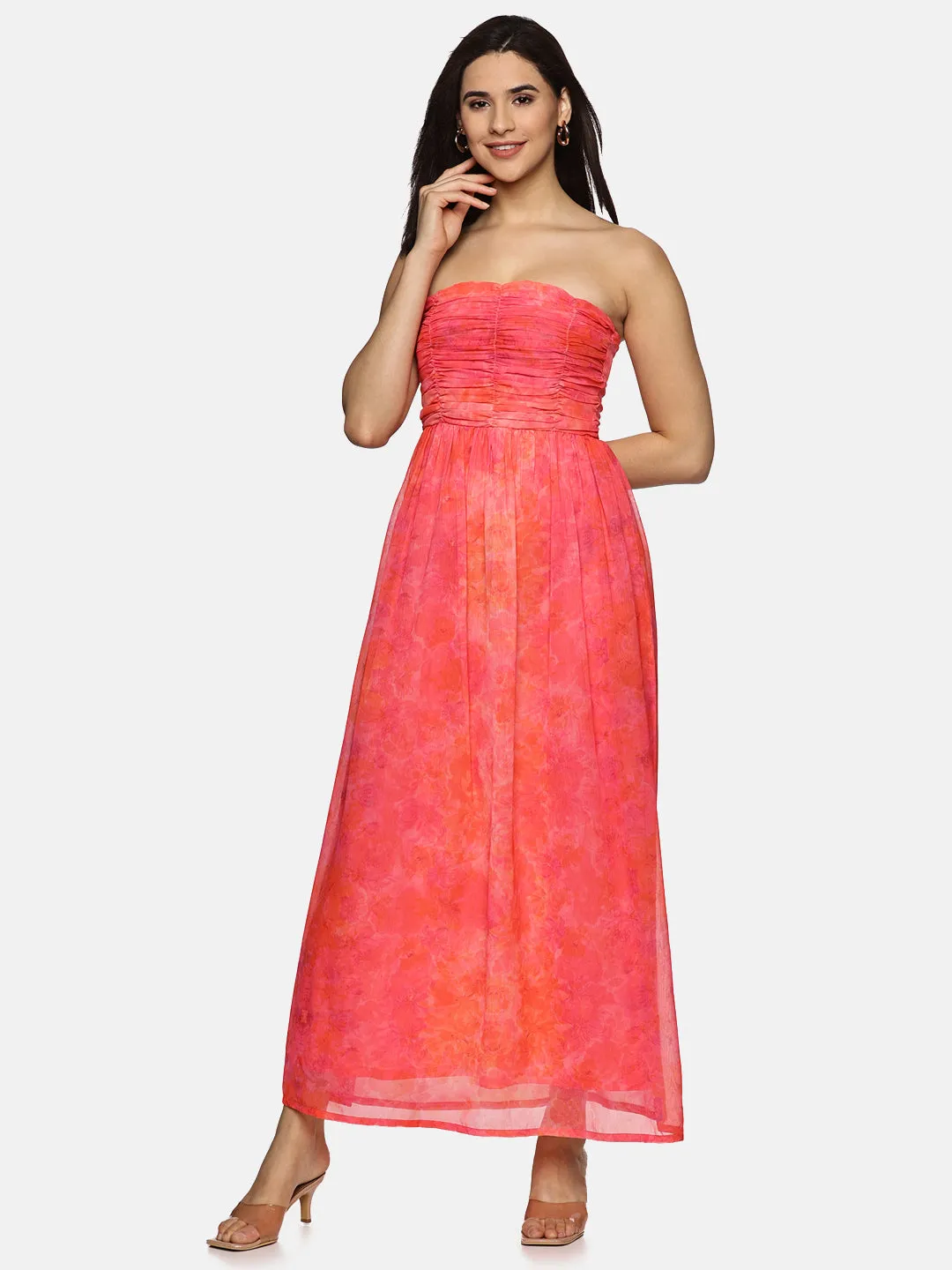 IS.U Floral Pink Front Gathered Maxi Dress