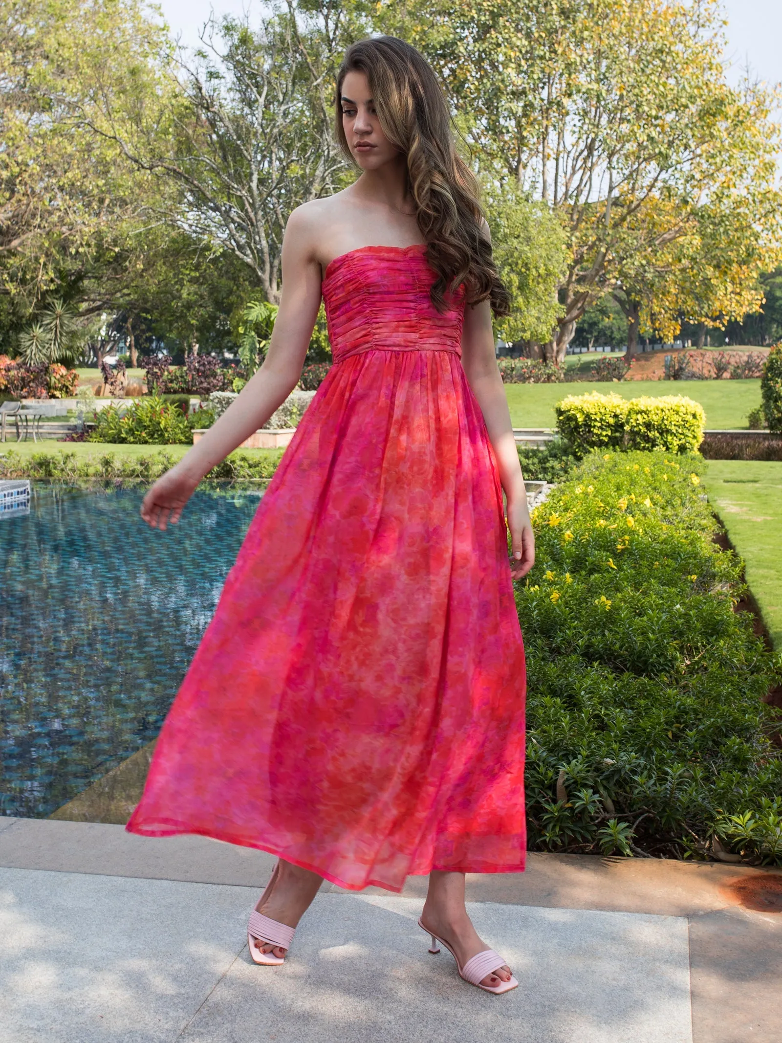IS.U Floral Pink Front Gathered Maxi Dress