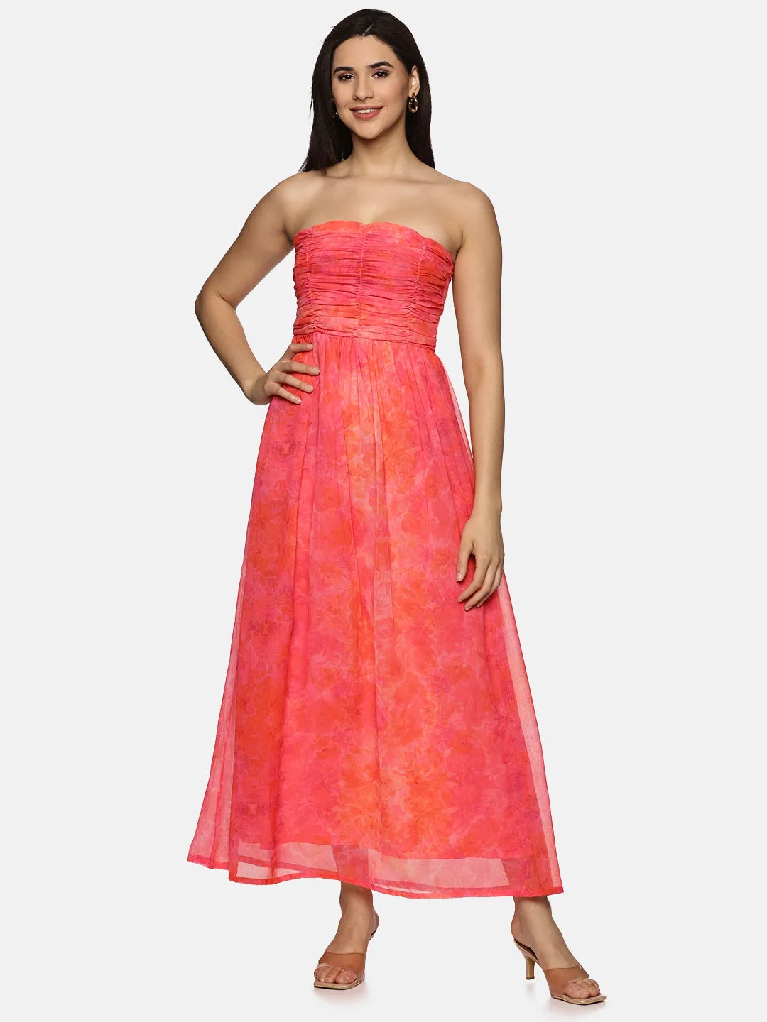 IS.U Floral Pink Front Gathered Maxi Dress