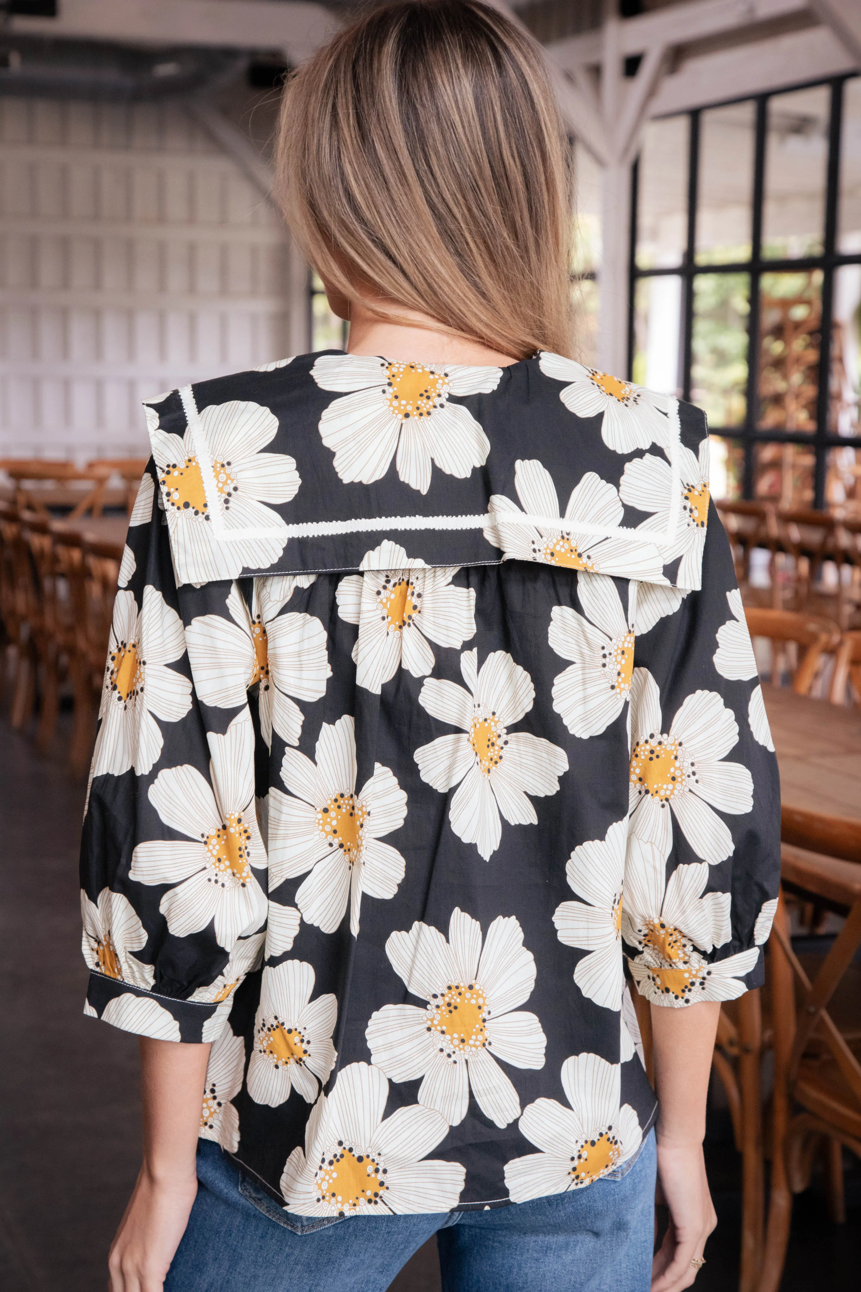 Jaci Floral Sailor Collar Top, Black