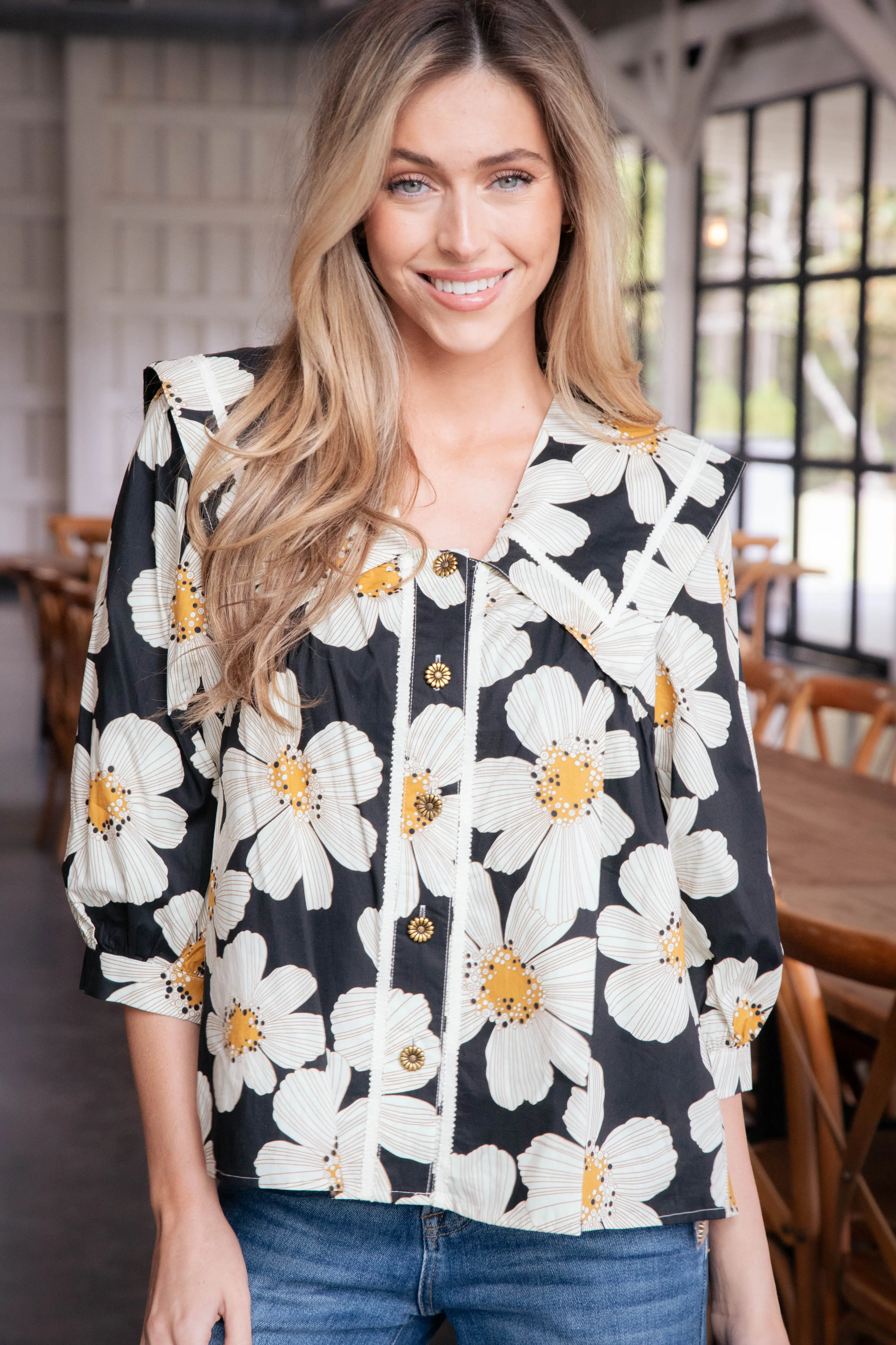 Jaci Floral Sailor Collar Top, Black