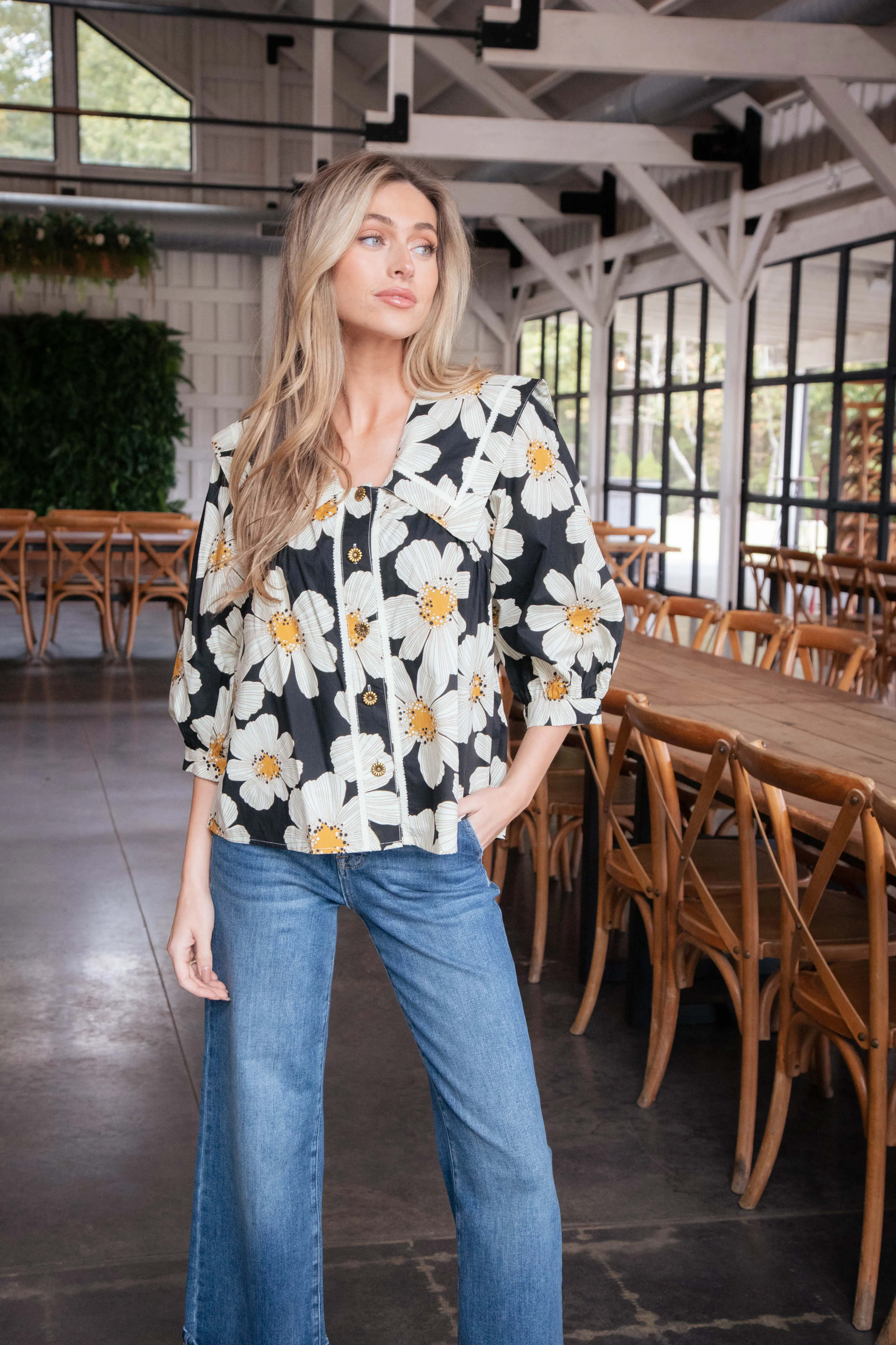 Jaci Floral Sailor Collar Top, Black
