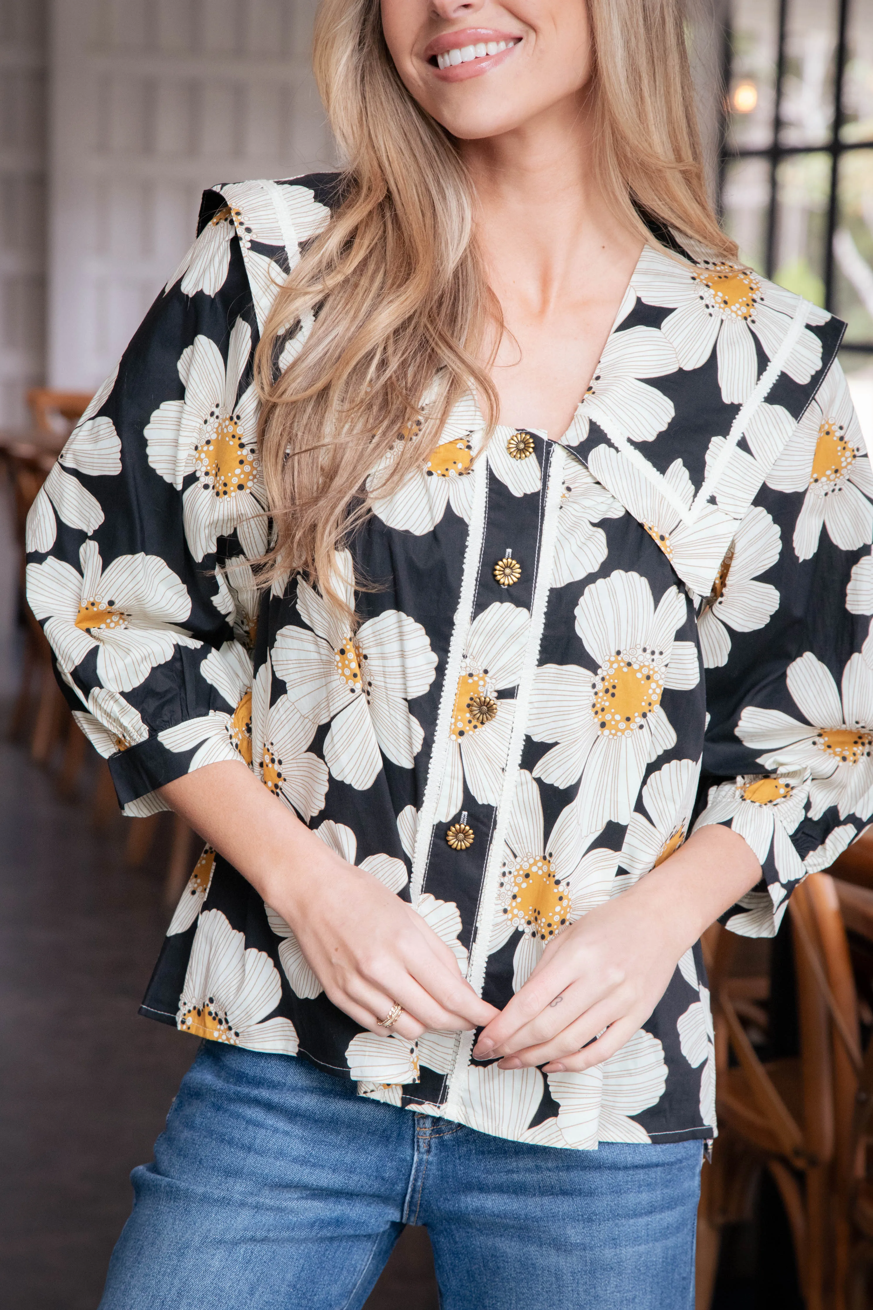Jaci Floral Sailor Collar Top, Black