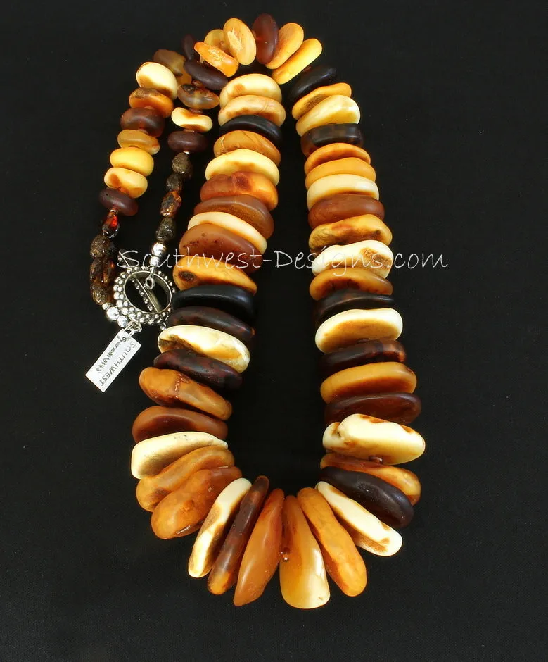 Natural Baltic Amber Multi-Hued Disc Necklace with Amber Nuggets, Horn Bead Rondelles and Sterling Silver