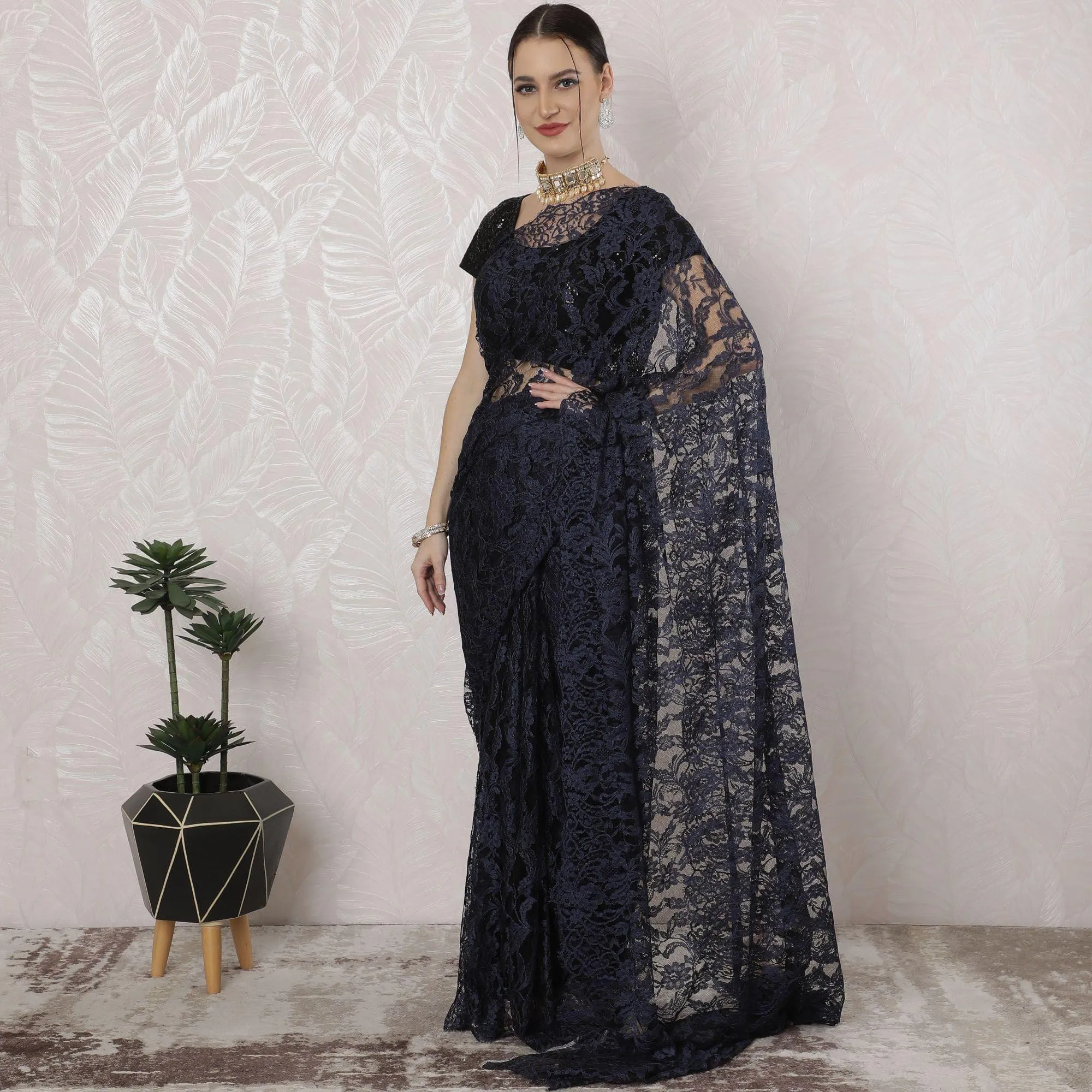 Navy blue, black Premium pure French two tone chantilly lace saree in floral design-D163662