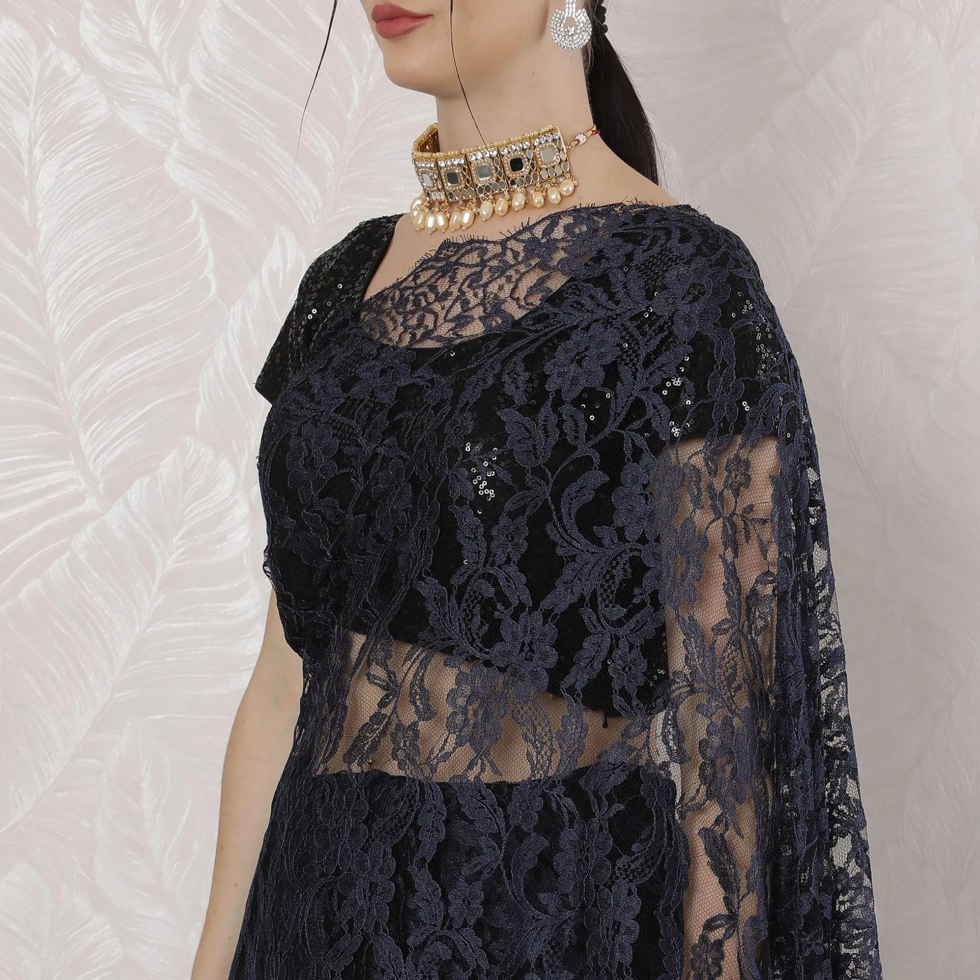 Navy blue, black Premium pure French two tone chantilly lace saree in floral design-D163662