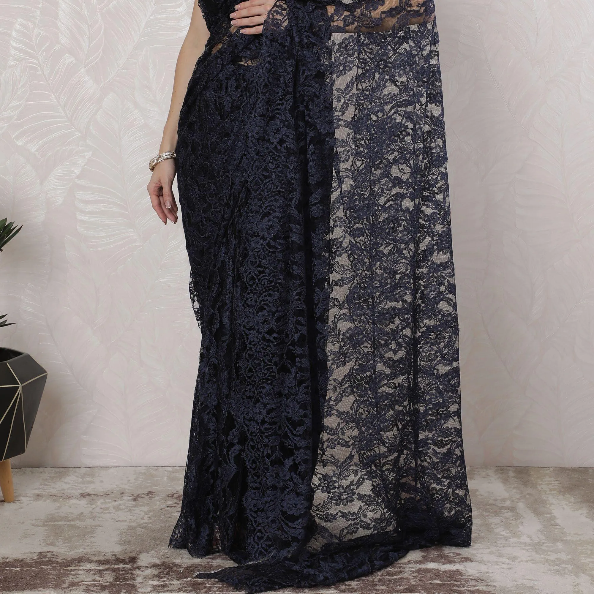Navy blue, black Premium pure French two tone chantilly lace saree in floral design-D163662