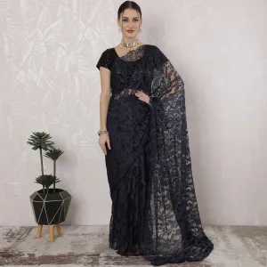 Navy blue, black Premium pure French two tone chantilly lace saree in floral design-D163662