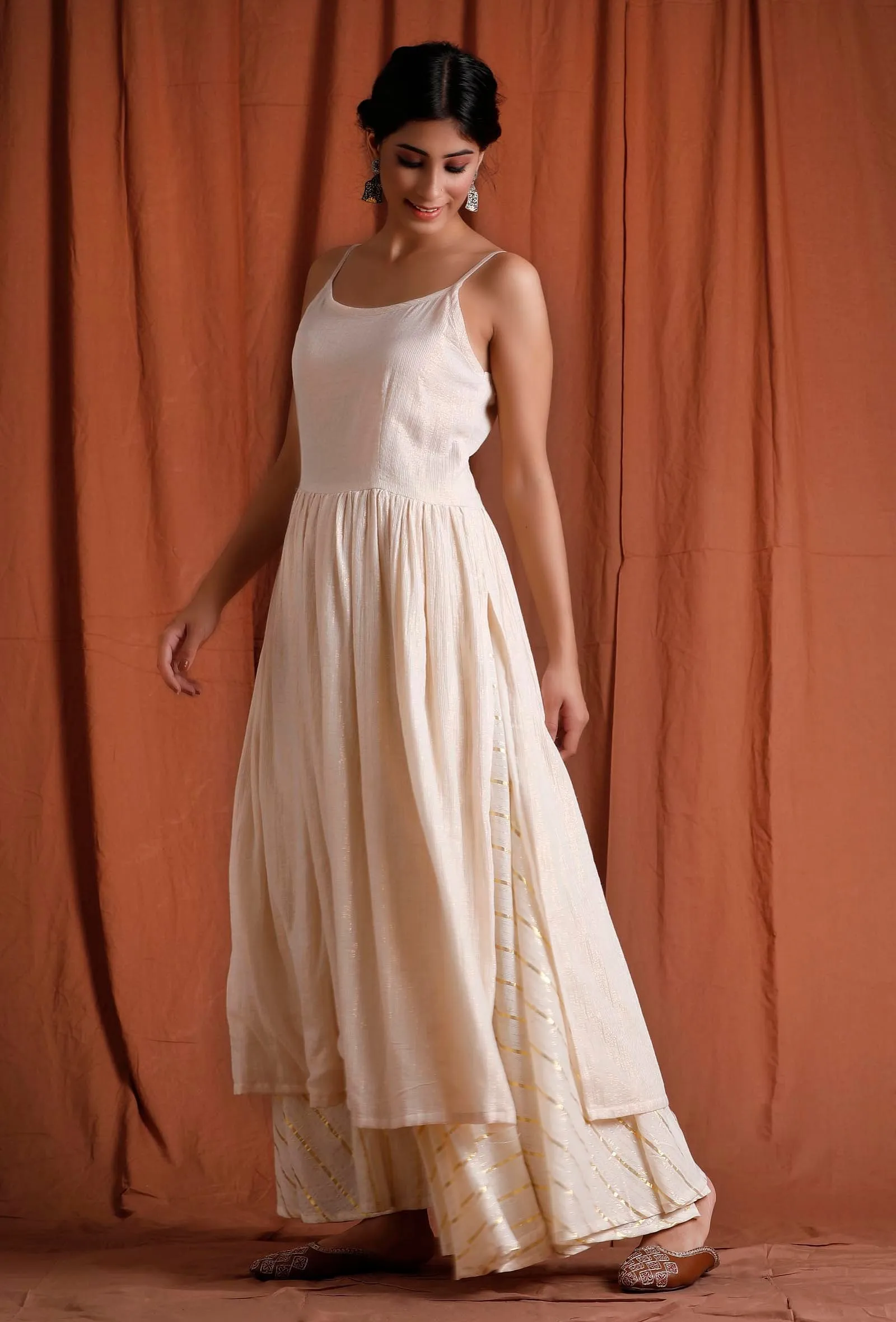 Off White and Golden Gathered Slip Kurta