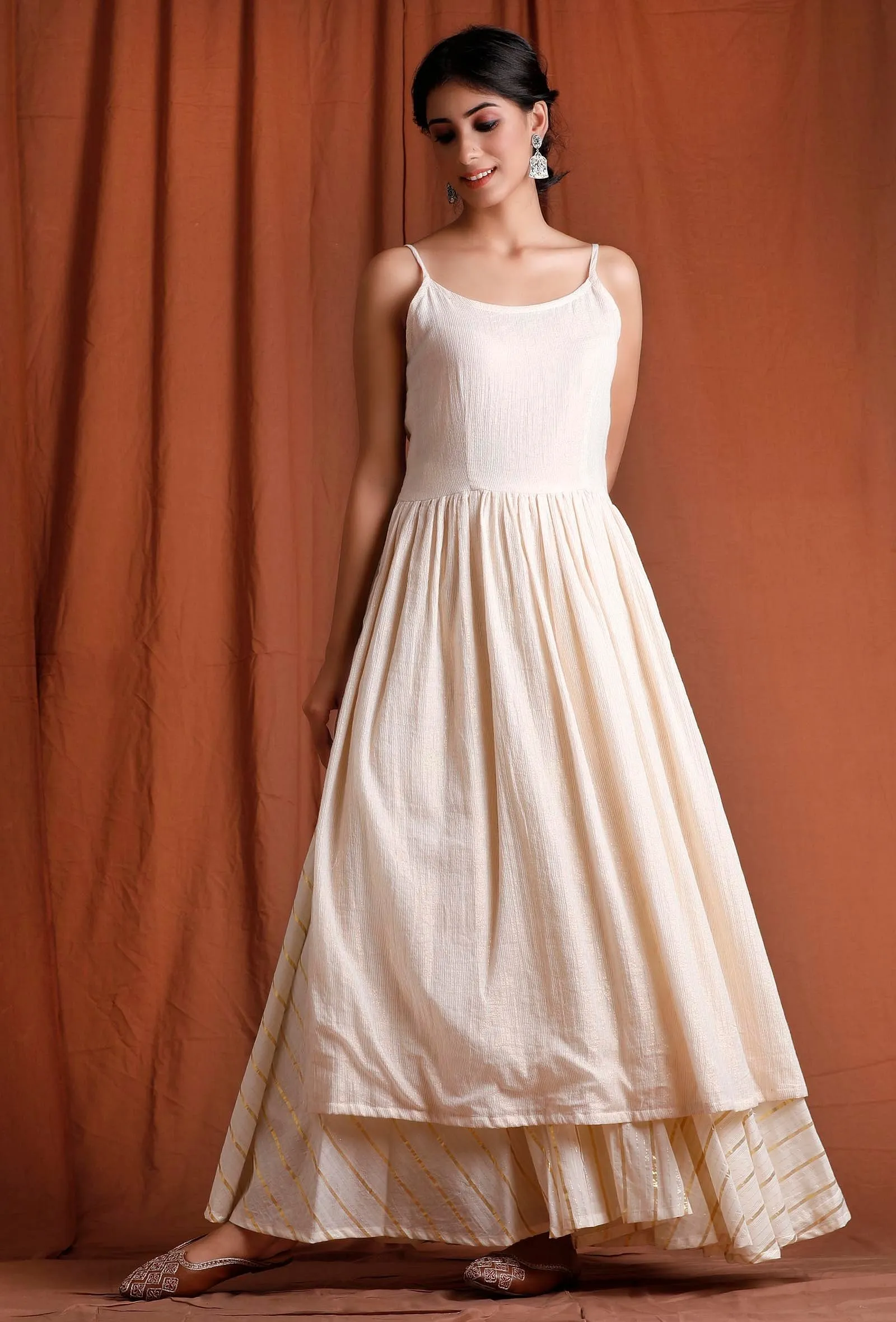 Off White and Golden Gathered Slip Kurta