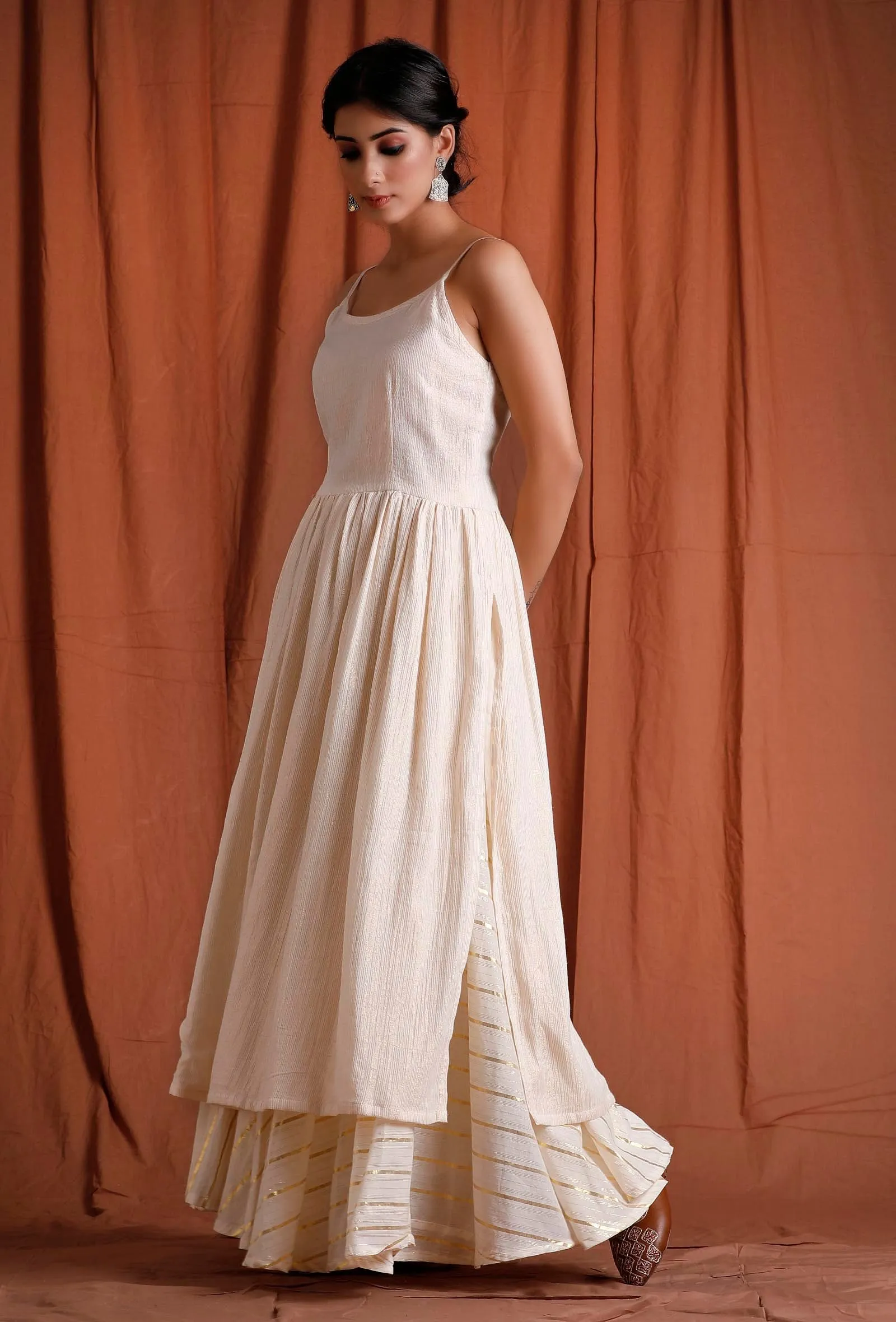 Off White and Golden Gathered Slip Kurta