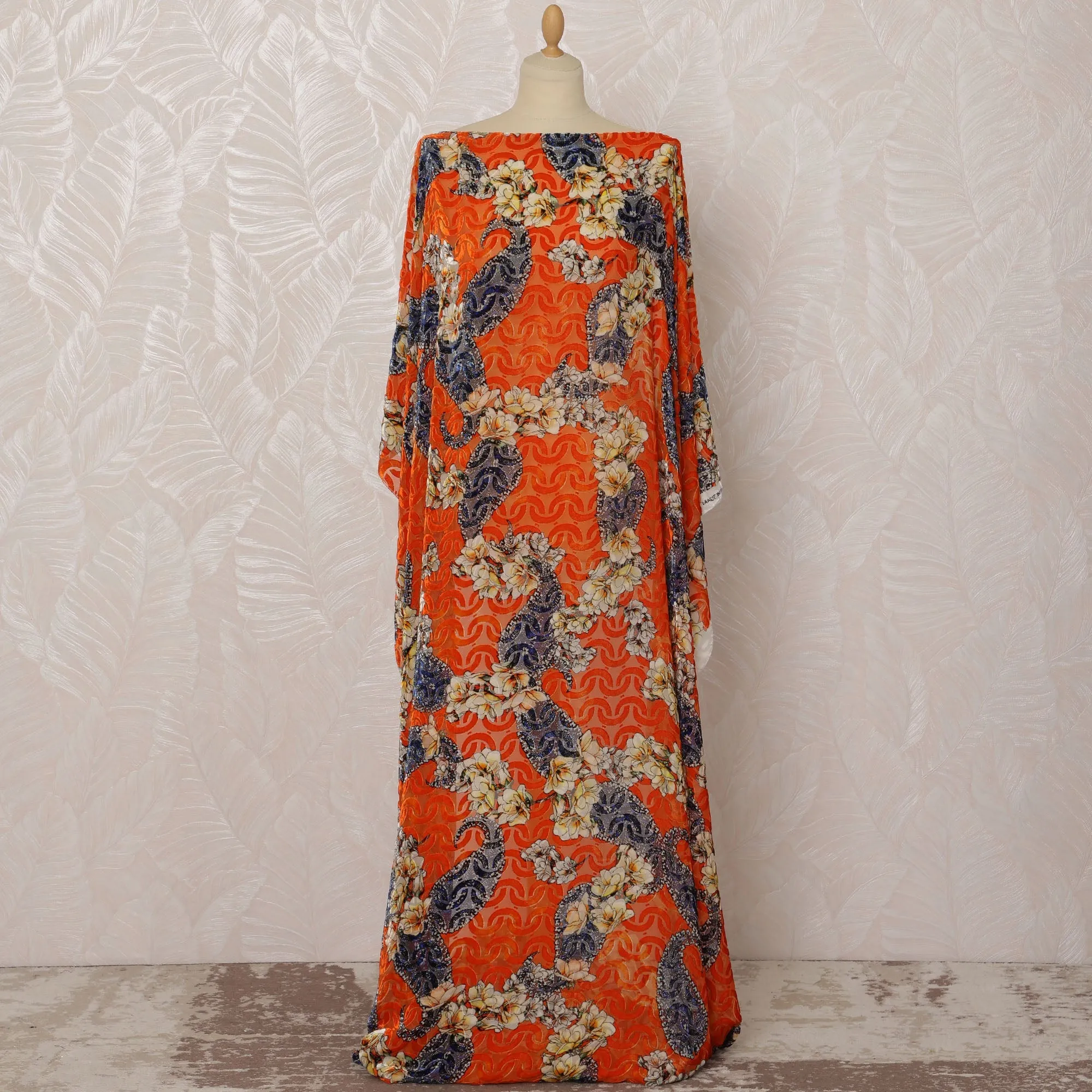 Orange and Blue Floral Silk Velvet Dirac Fabric, 3.5 Meters, 140 cm Width-D20784