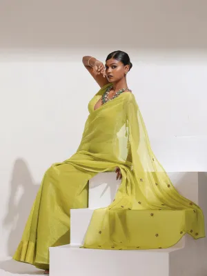 Peridot Shimmer Chiffon Saree with Bronze Flowers Hand stitched on Pallu with Blouse fabric
