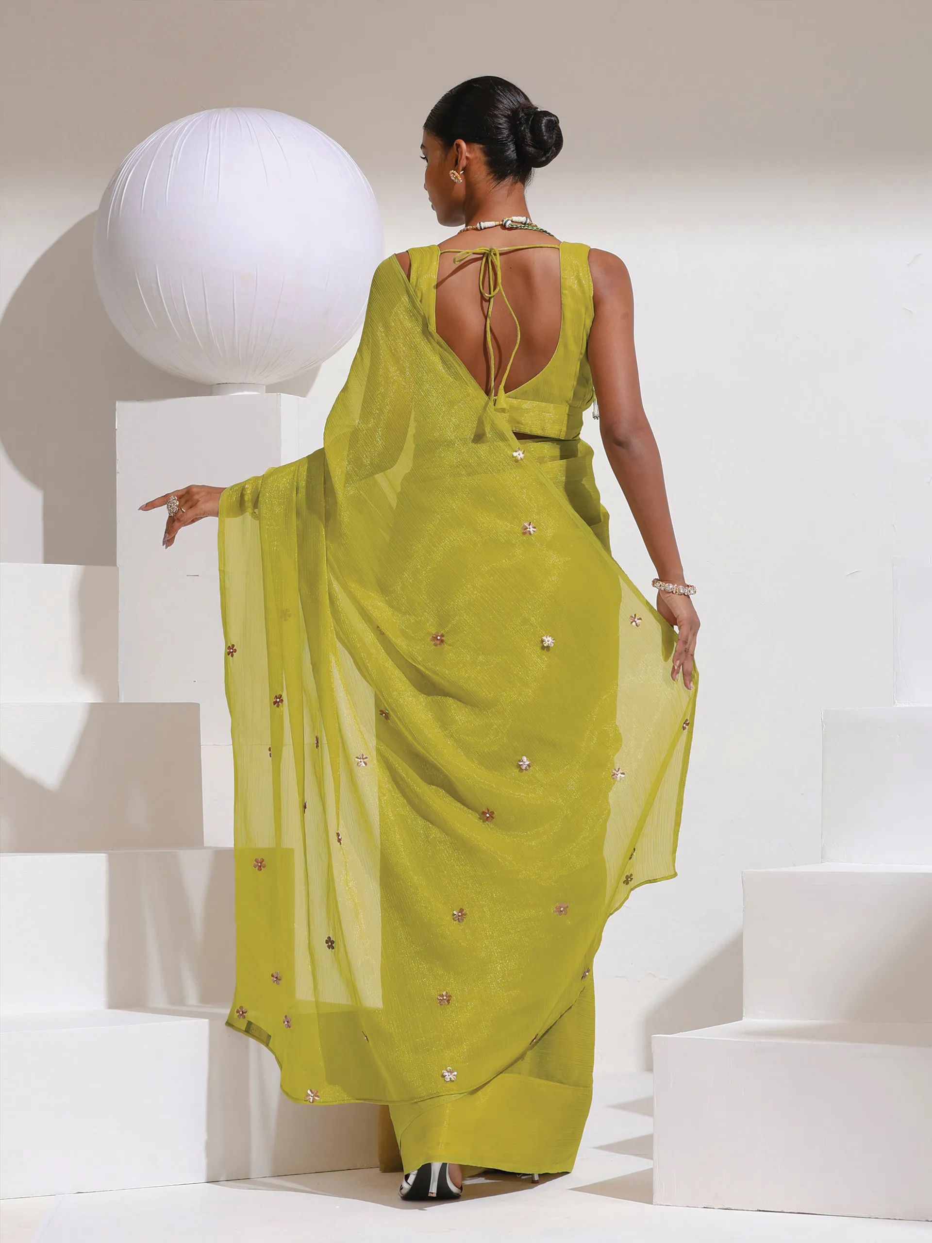 Peridot Shimmer Chiffon Saree with Bronze Flowers Hand stitched on Pallu with Blouse fabric