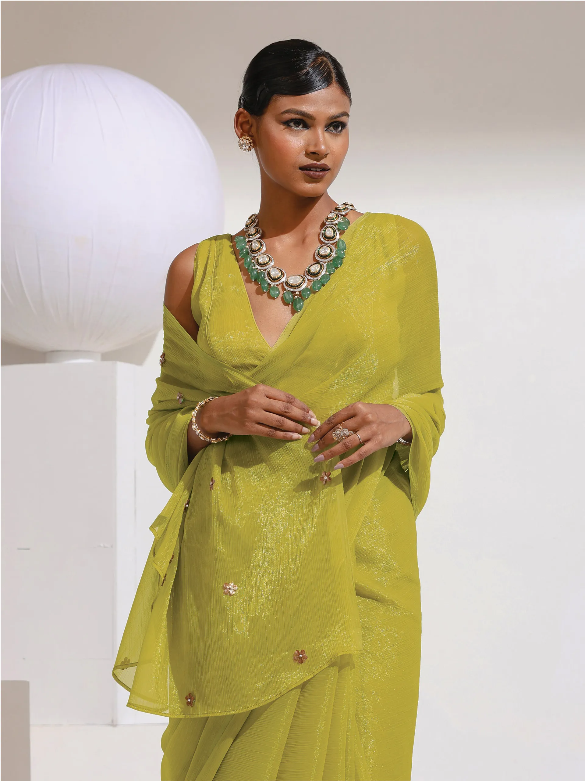 Peridot Shimmer Chiffon Saree with Bronze Flowers Hand stitched on Pallu with Blouse fabric