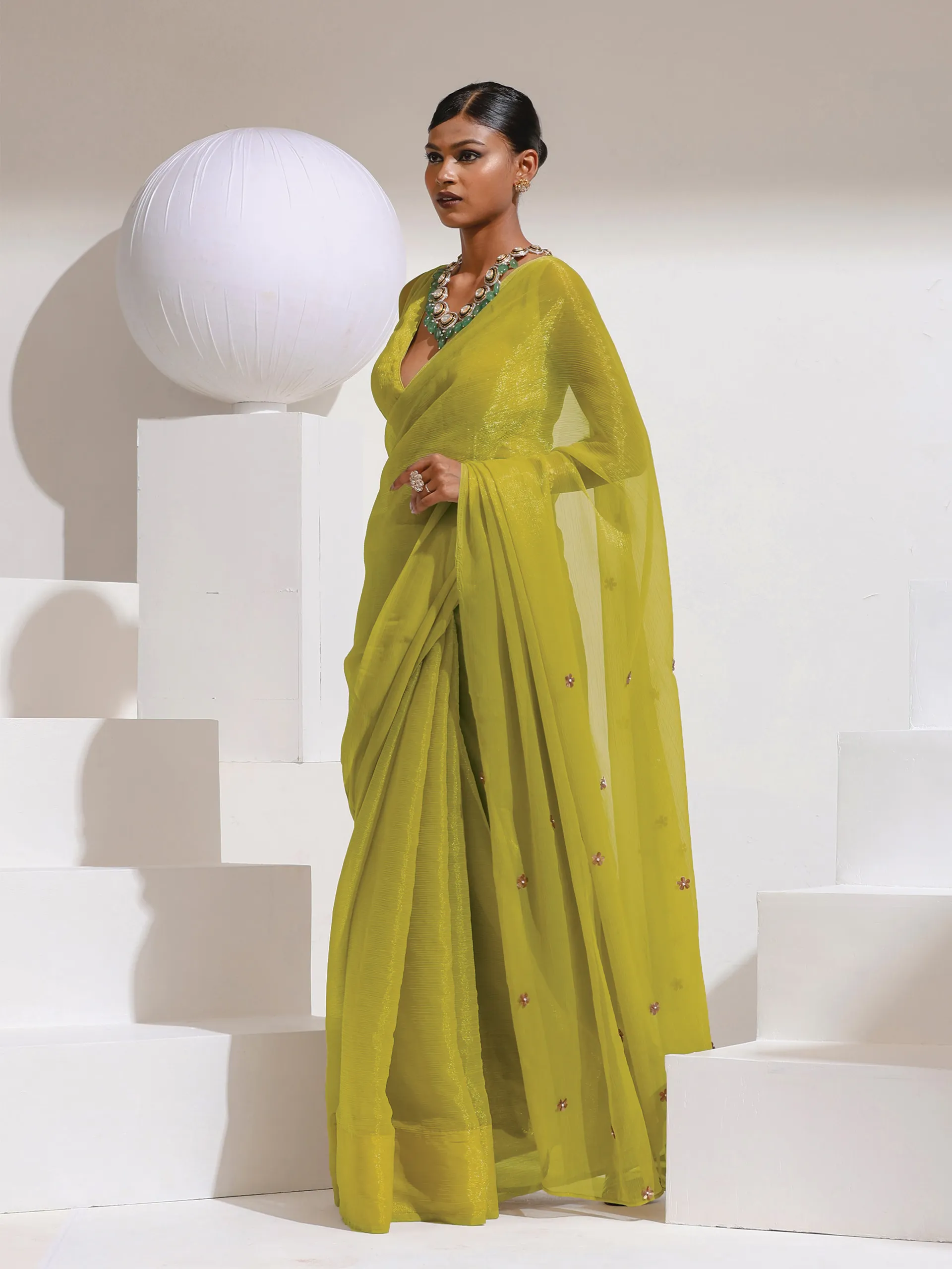 Peridot Shimmer Chiffon Saree with Bronze Flowers Hand stitched on Pallu with Blouse fabric